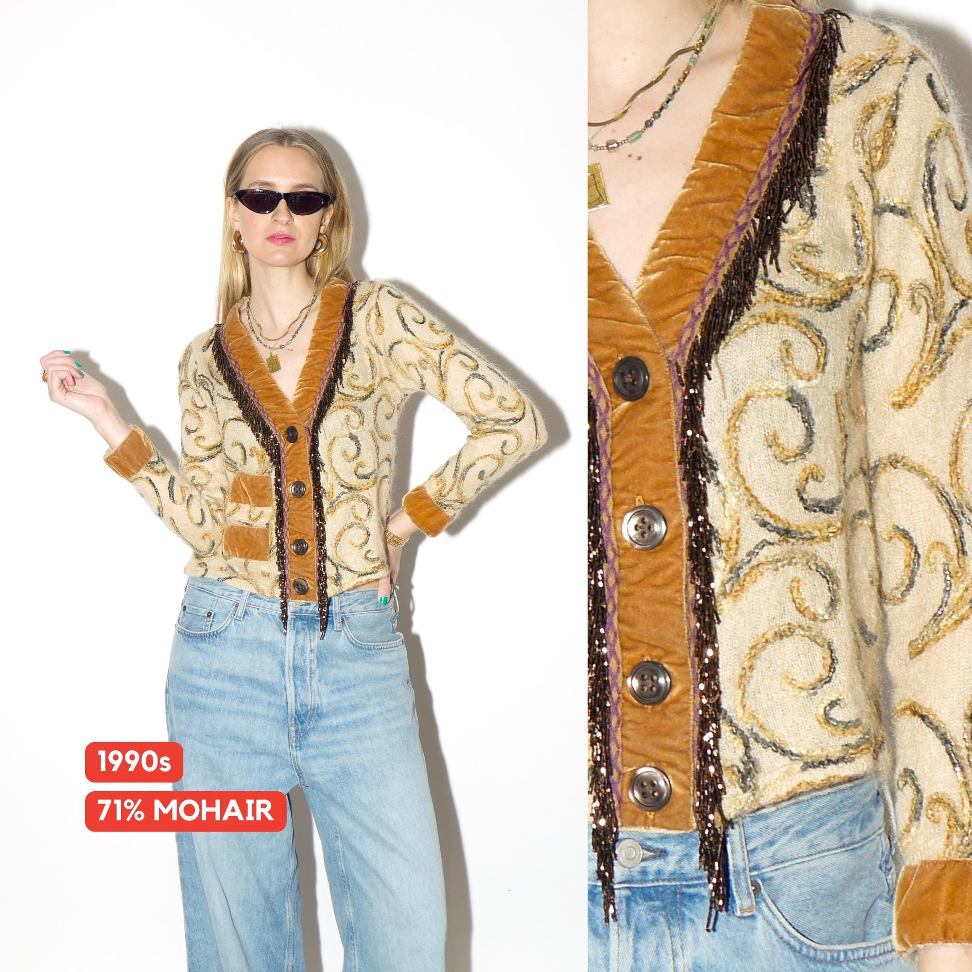 VINTAGE beige mohair cardigan from 1990s with bead embroidery, velvet elements