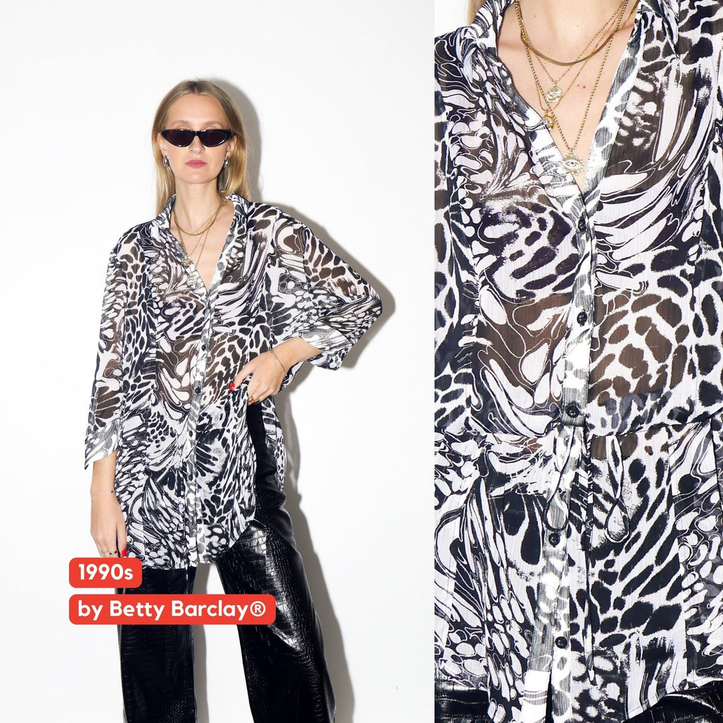 VINTAGE White and Black Animal Pattern Blouse From The Late 1990s By Betty Barclay
