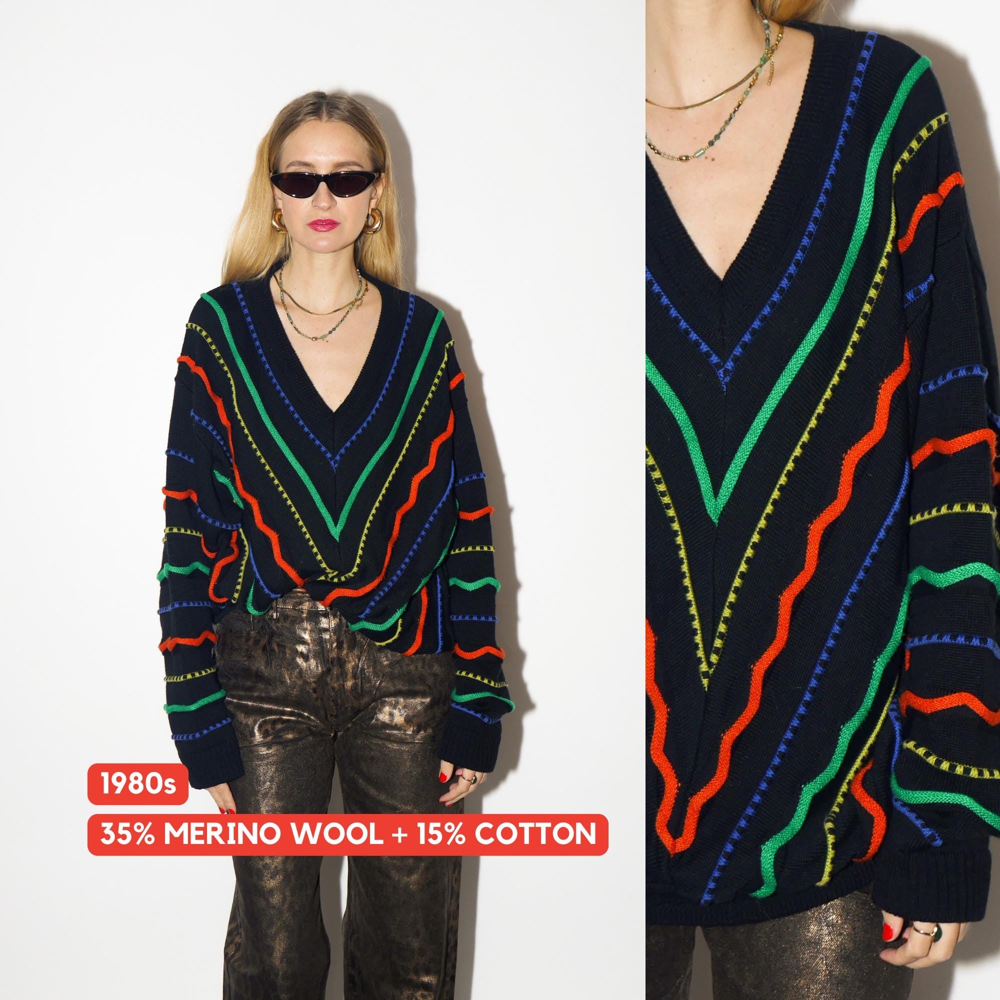VINTAGE sweater, oversized black pullover with merino wool and cotton from 1980s