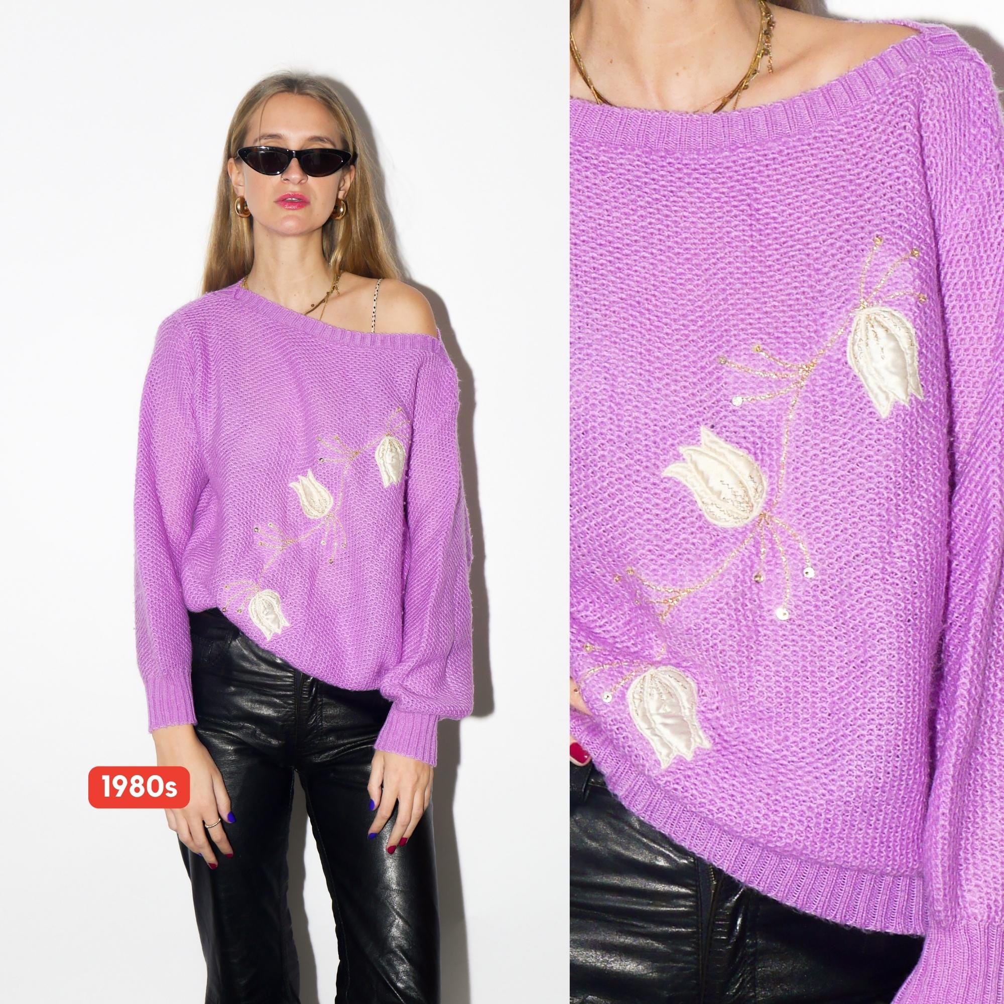 VINTAGE lilac sweater from 1980s with gold floral embroidery and sequins