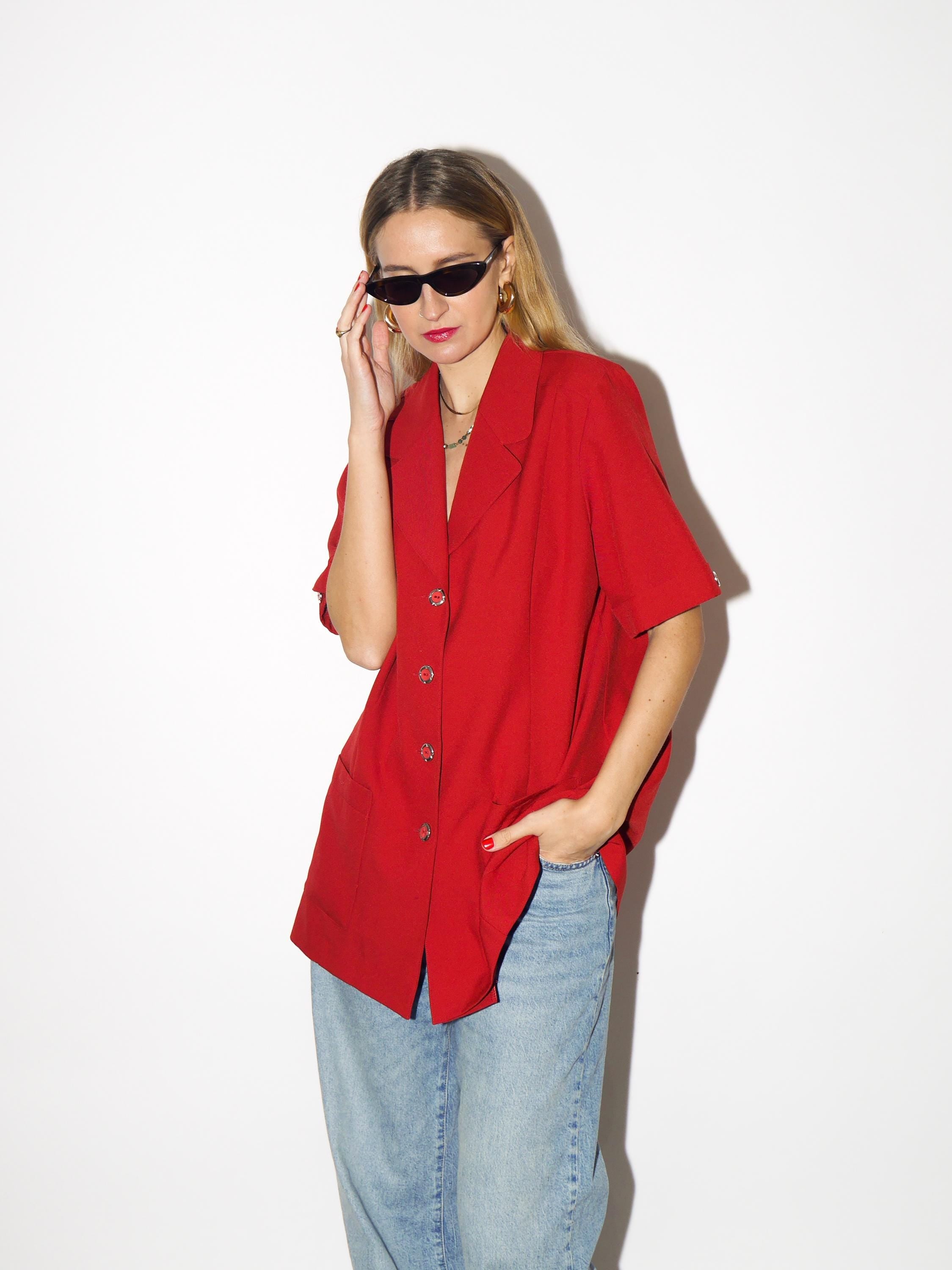 VINTAGE red blazer from 1980s, long blazer with short sleeve and gold buttons