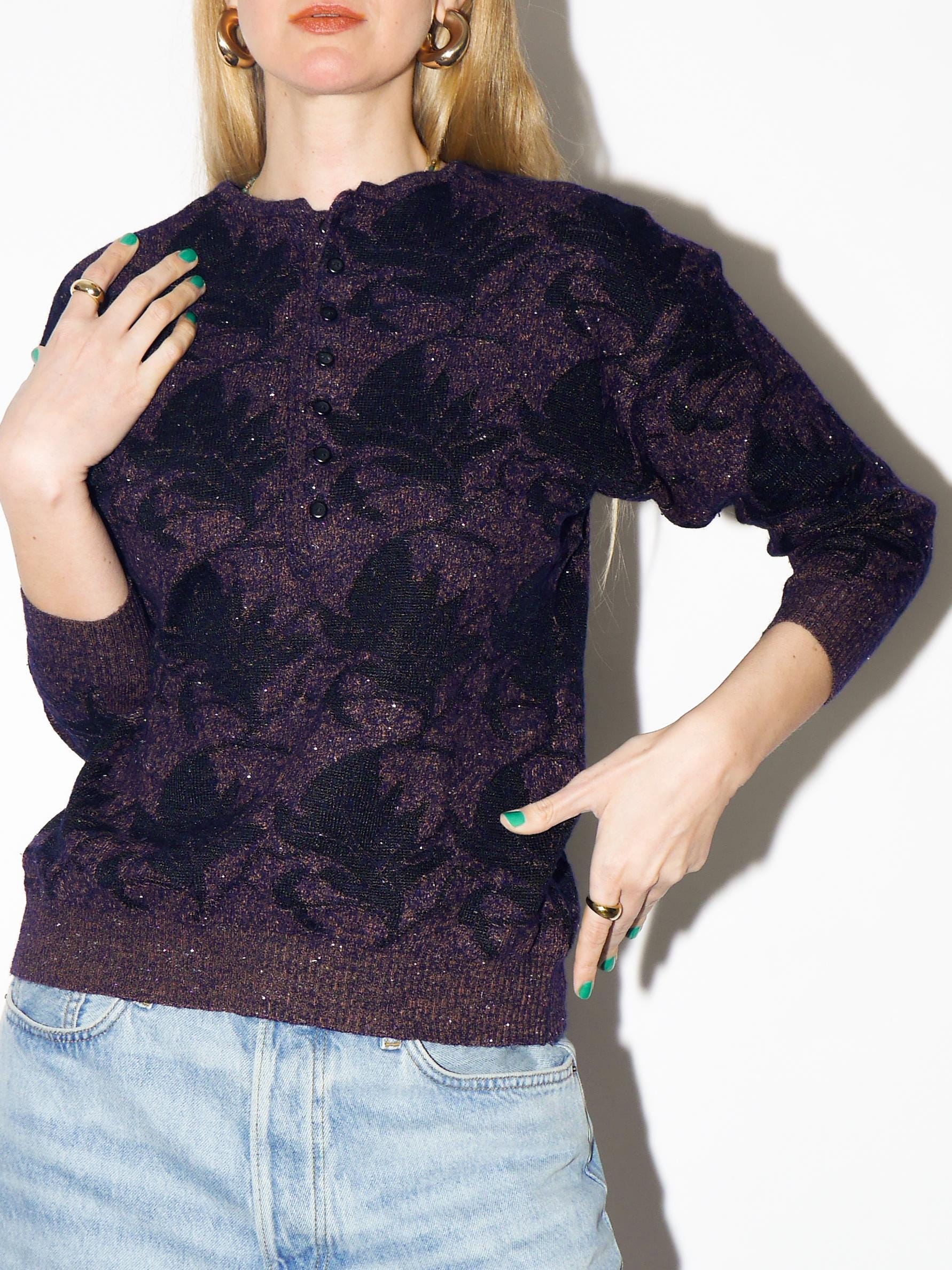 VINTAGE Purple Metallic Sweater from 1980s by Elegantina® in Floral Pattern