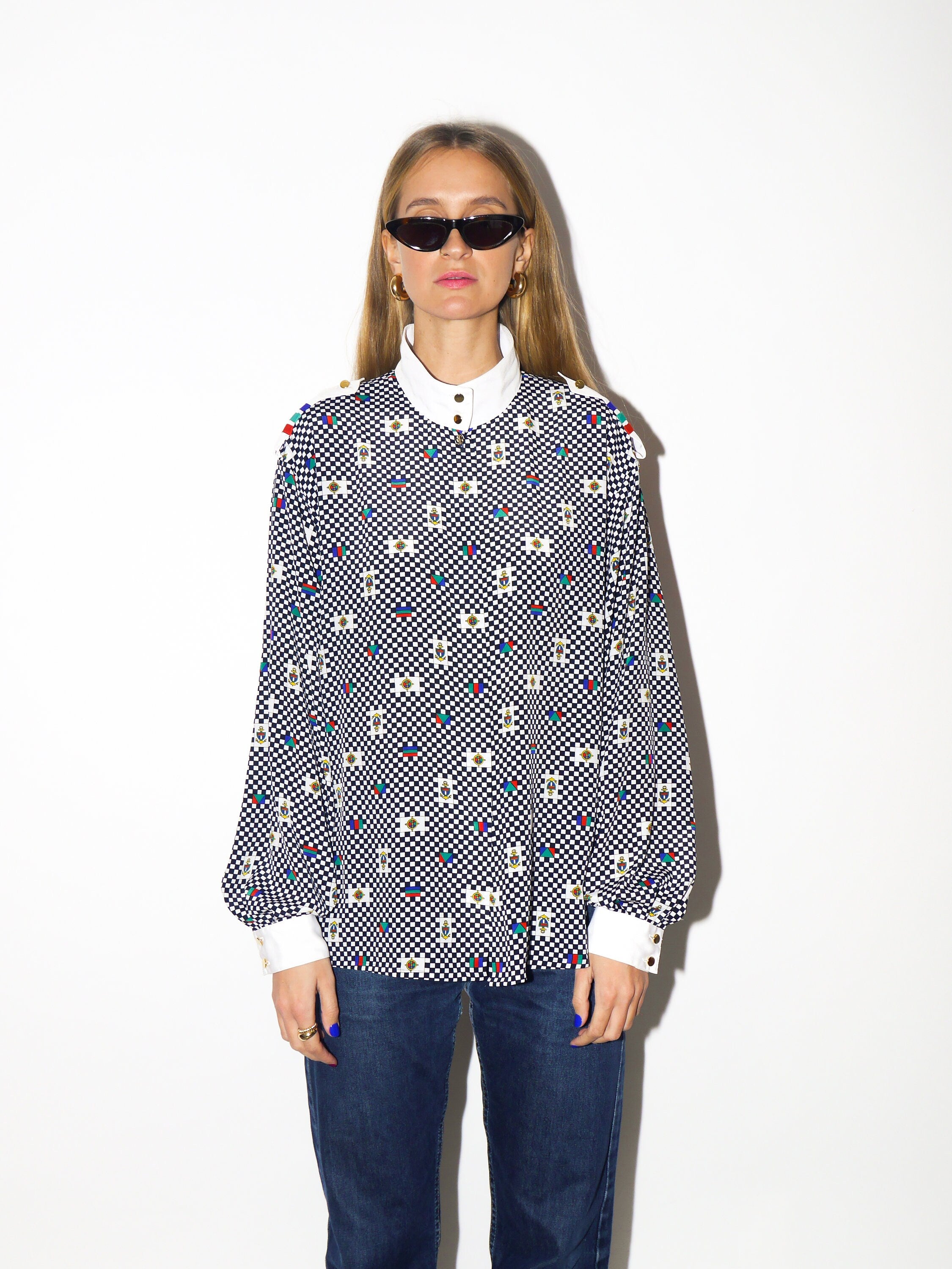 VINTAGE shirt 1980s | Yarell marine shirt | chequered shirt | soft fabric | stand-up collar shirt | white and black checkered pattern