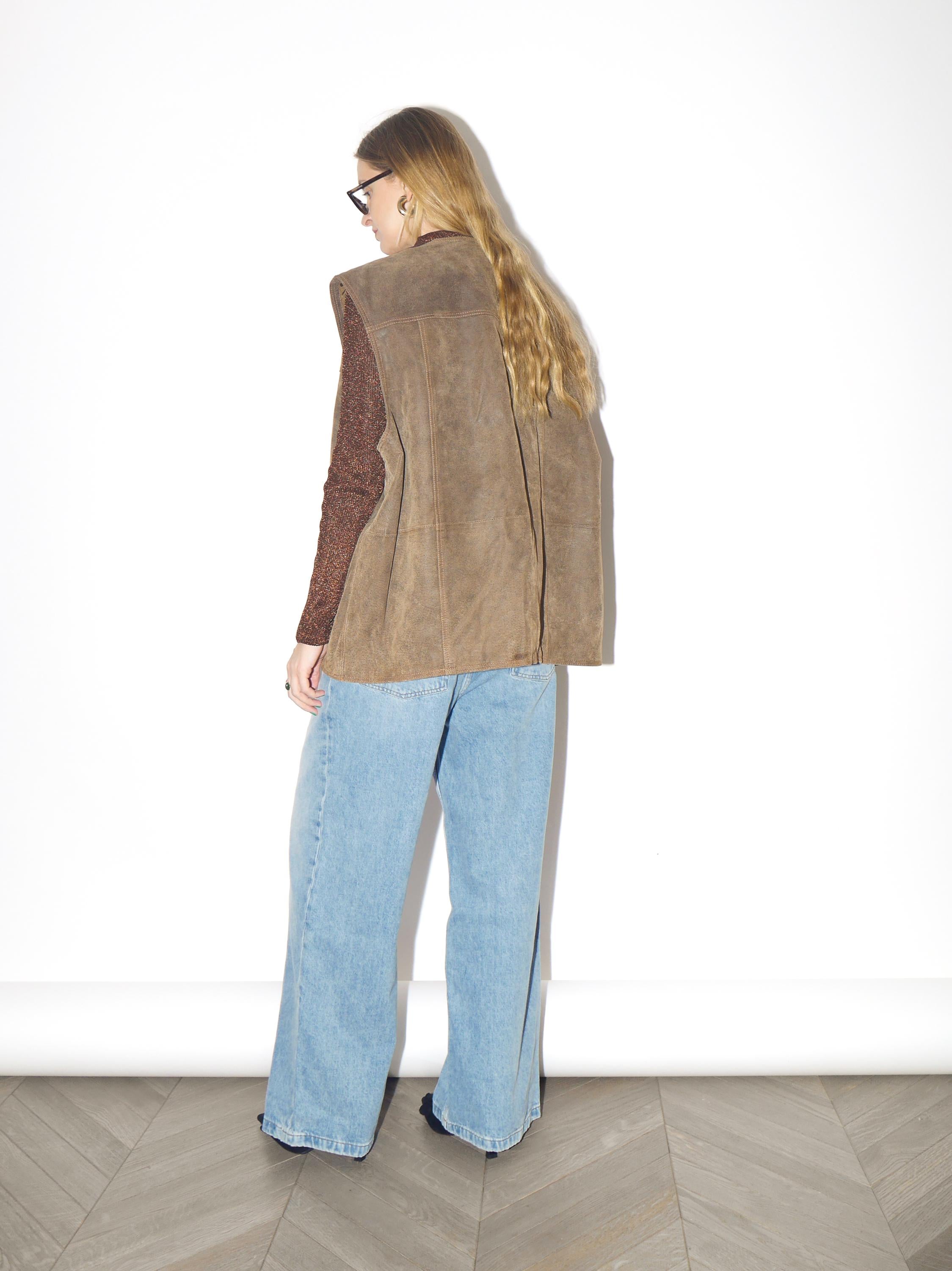 VINTAGE Khaki Suede Vest from 1980s | Big Oversize Beige Leather Vest by Canada®