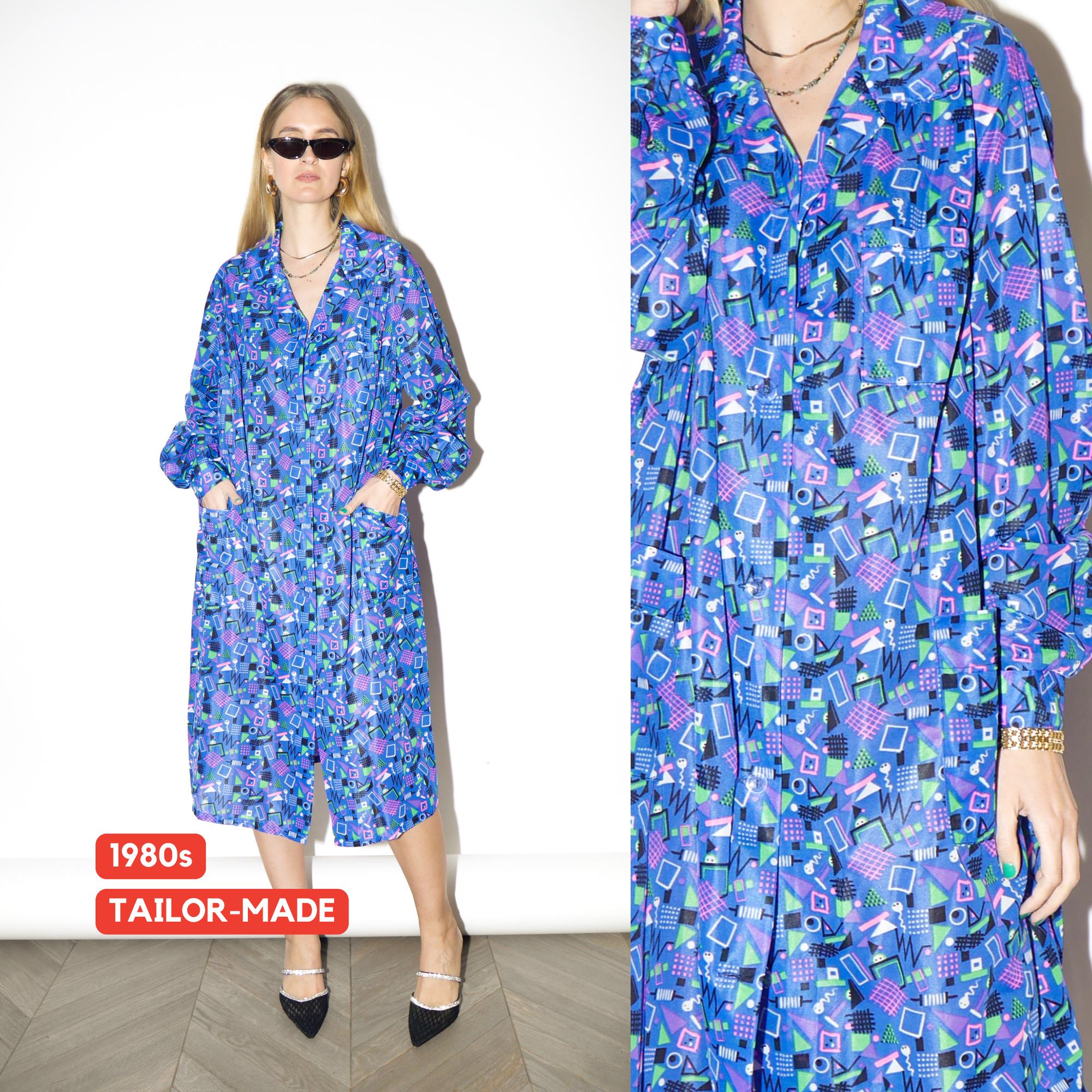 VINTAGE Blue Cobalt Long Sleeve Dress from 1990s | Oversized Shirt Style Dress
