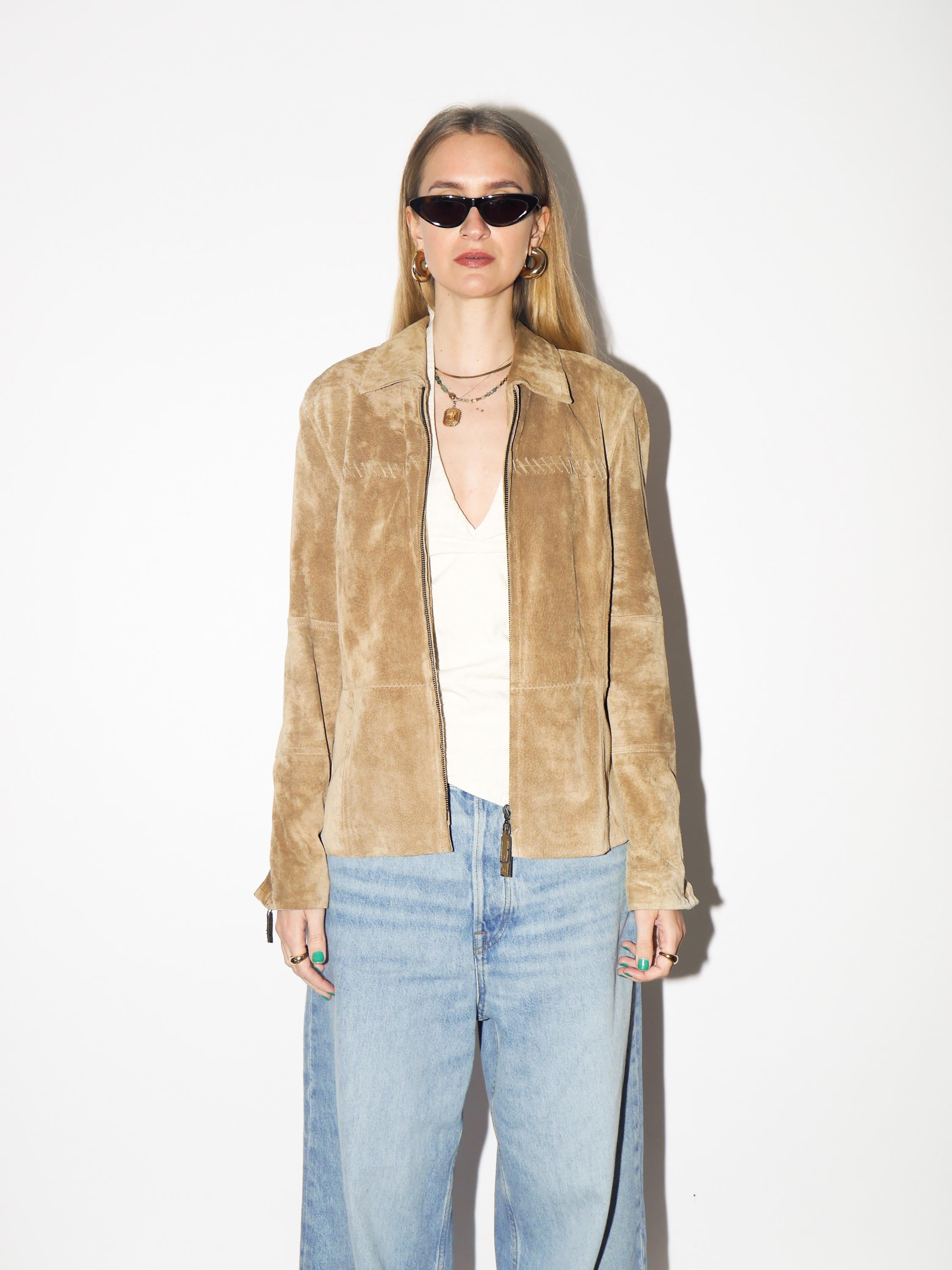 VINTAGE Beige Suede Jacket from 1980s | Betty Barkley Double Zip Leather Jacket