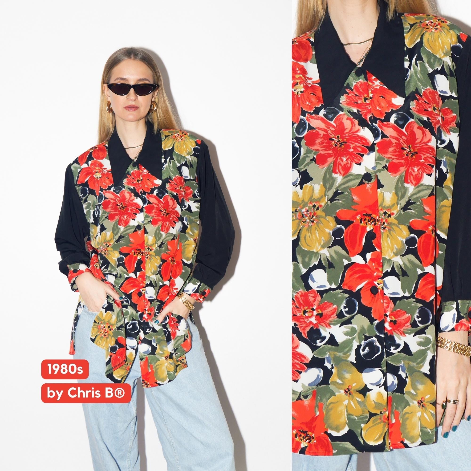 VINTAGE floral blouse from 1980s by Chris B® with black sleeves & shoulder pads