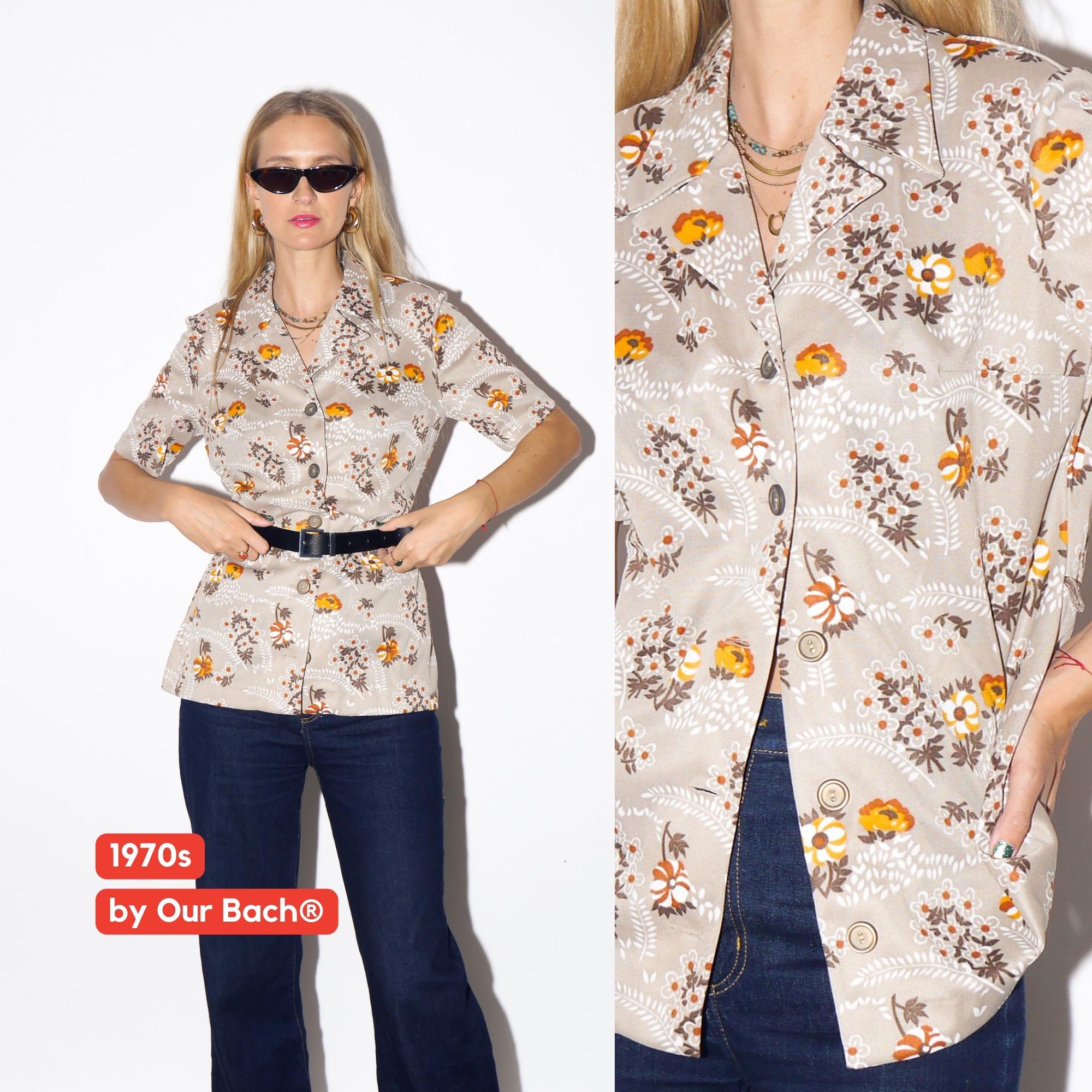 1970s Floral Blouse - Vintage Beige Shirt with Orange Pattern, Short Sleeve Shirt with Belt Loops, Retro Fashion Clothing for Women