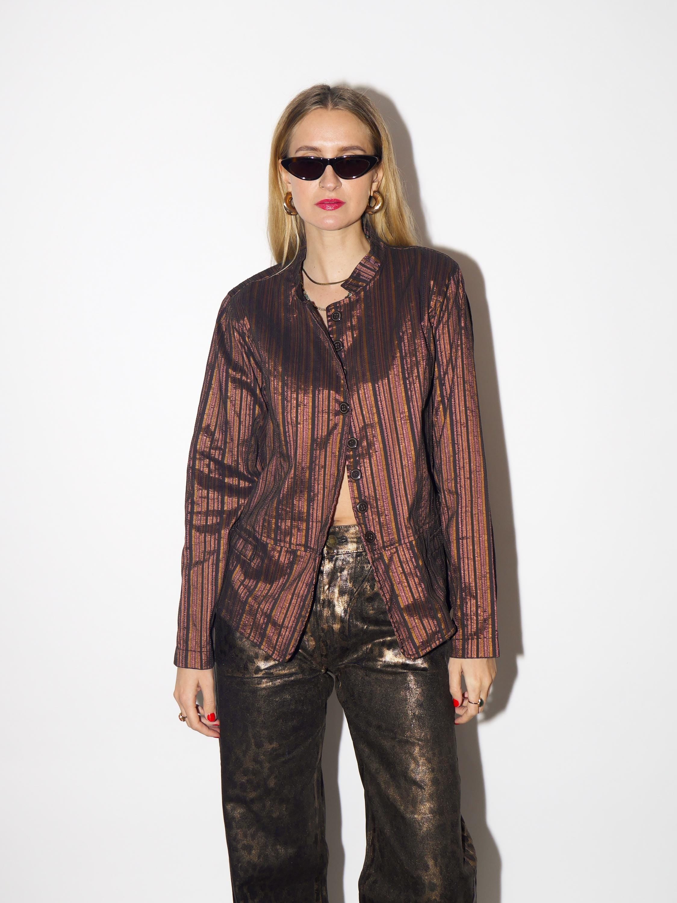 VINTAGE blazer in shiny striped brown cotton fabric from 1980s by JOY®