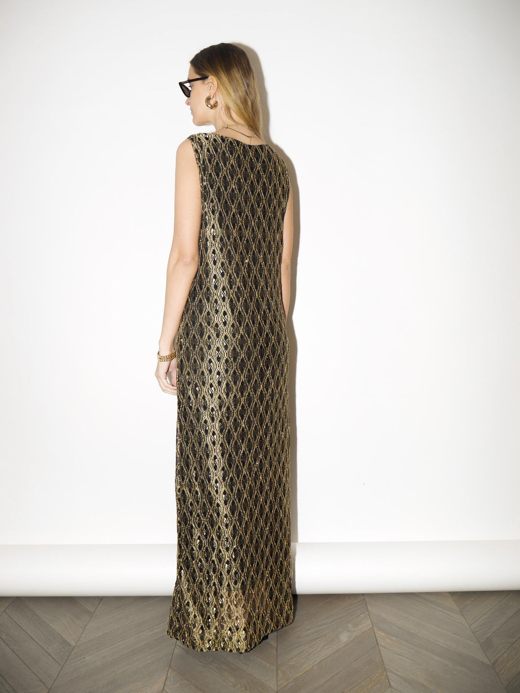 VINTAGE Gold Glittery Maxi Dress from 1980s | Sleeveless Long Evening Dress