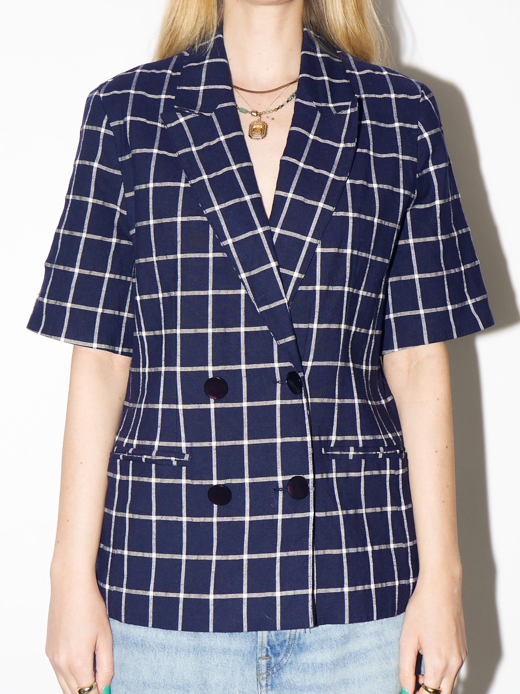 VINTAGE Navy Checked Short Sleeve Blazer from 1990s made of Viscose and Linen