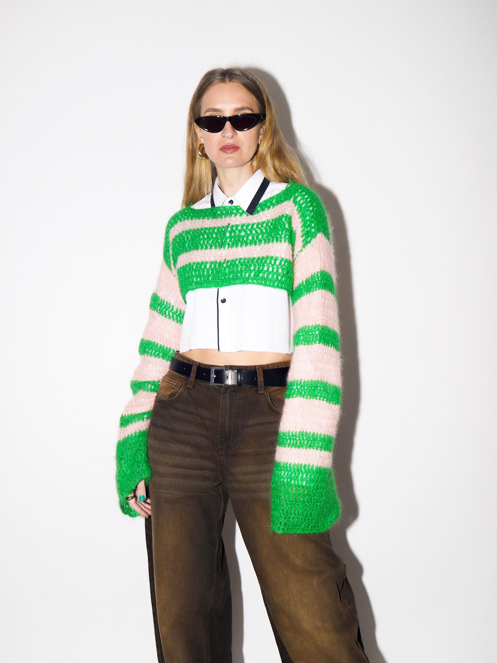 VINTAGE Pink & Green Hand Knitted Wool Cropped Sweater from 1980s