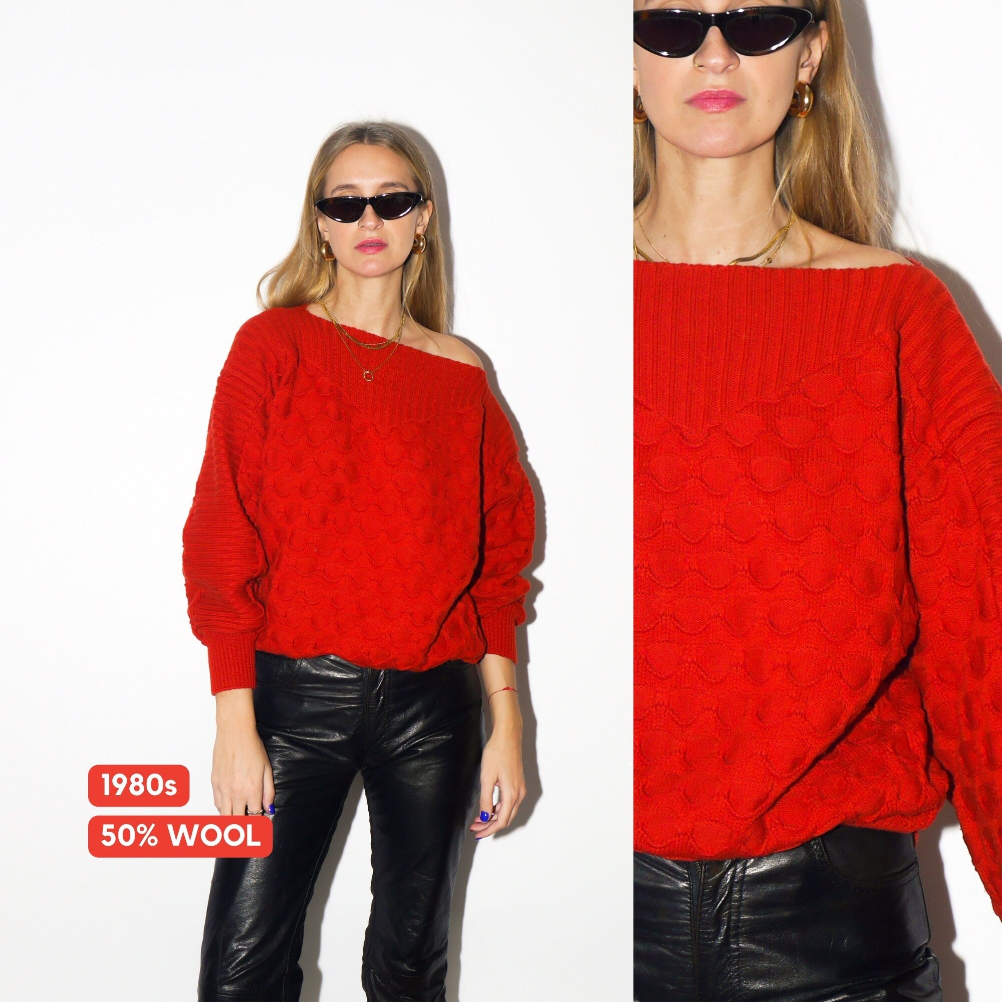 VINTAGE 50% wool sweater 1980s | Mondi oversized warm sweater | winter stylish sweater | red pullover sweater with boatneck