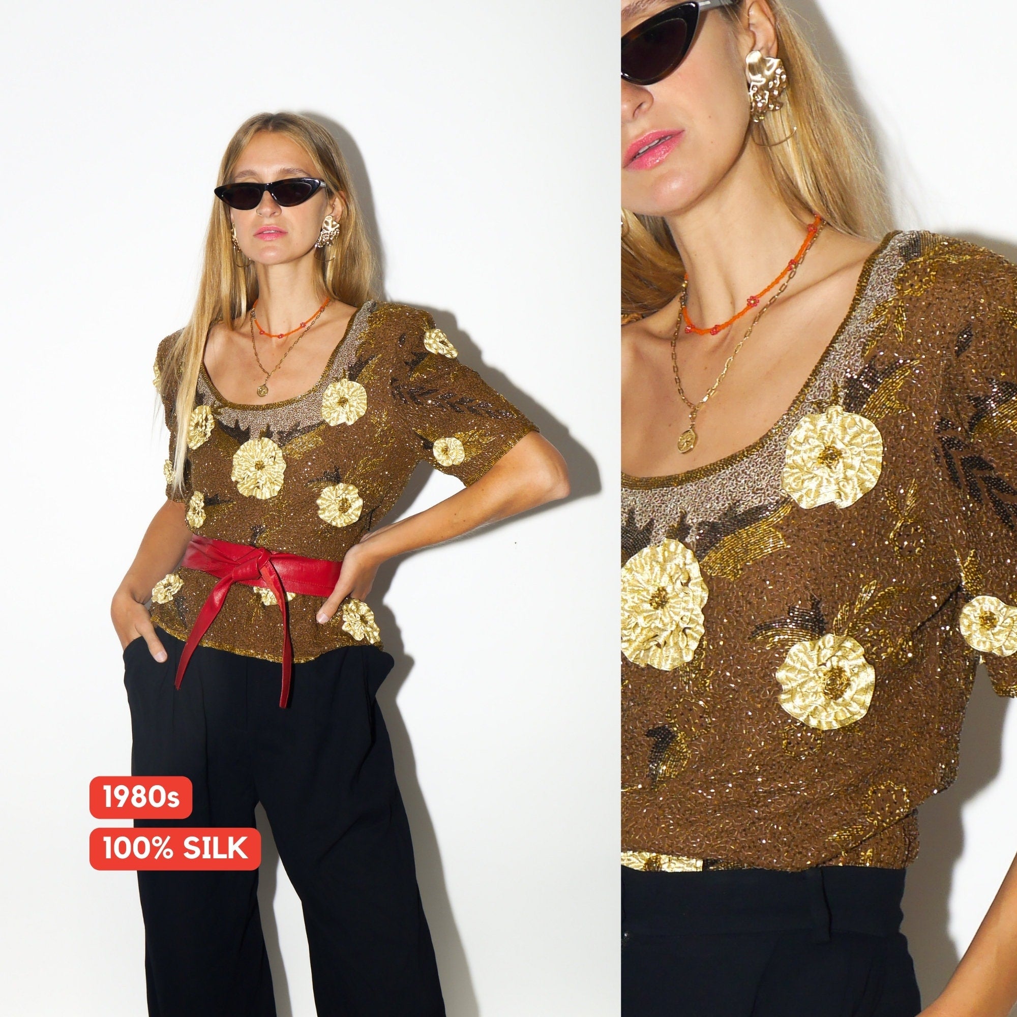 VINTAGE Silk top 1980s | Serenade vintage blouse | unique Silk blouse | retro Silk blouse | gold Silk top | vintage top with sequins