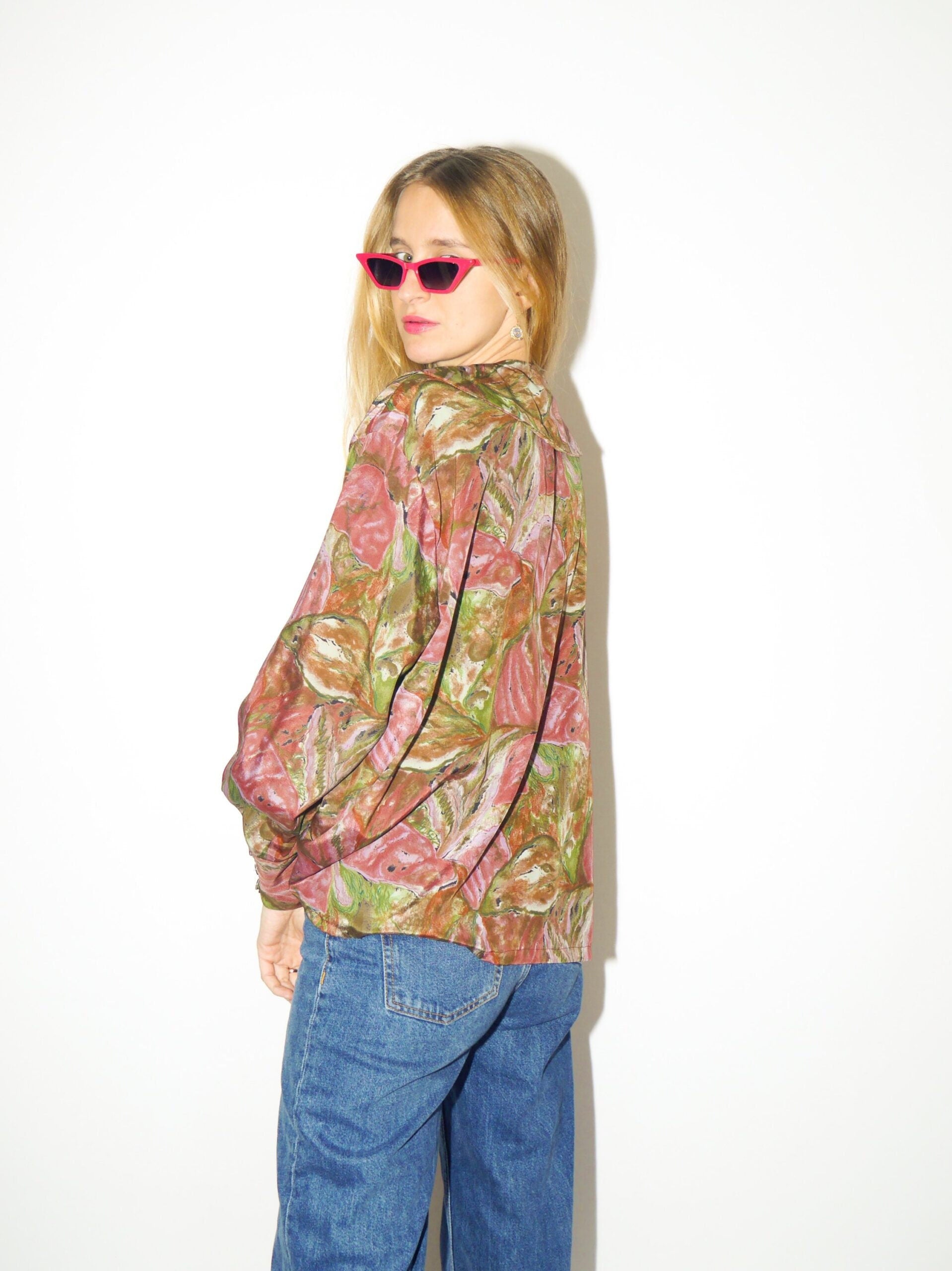 VINTAGE blouse 80s in floral pattern | pink and green shirt | retro shirt | 80s shirt | oversize fit from XS to XL