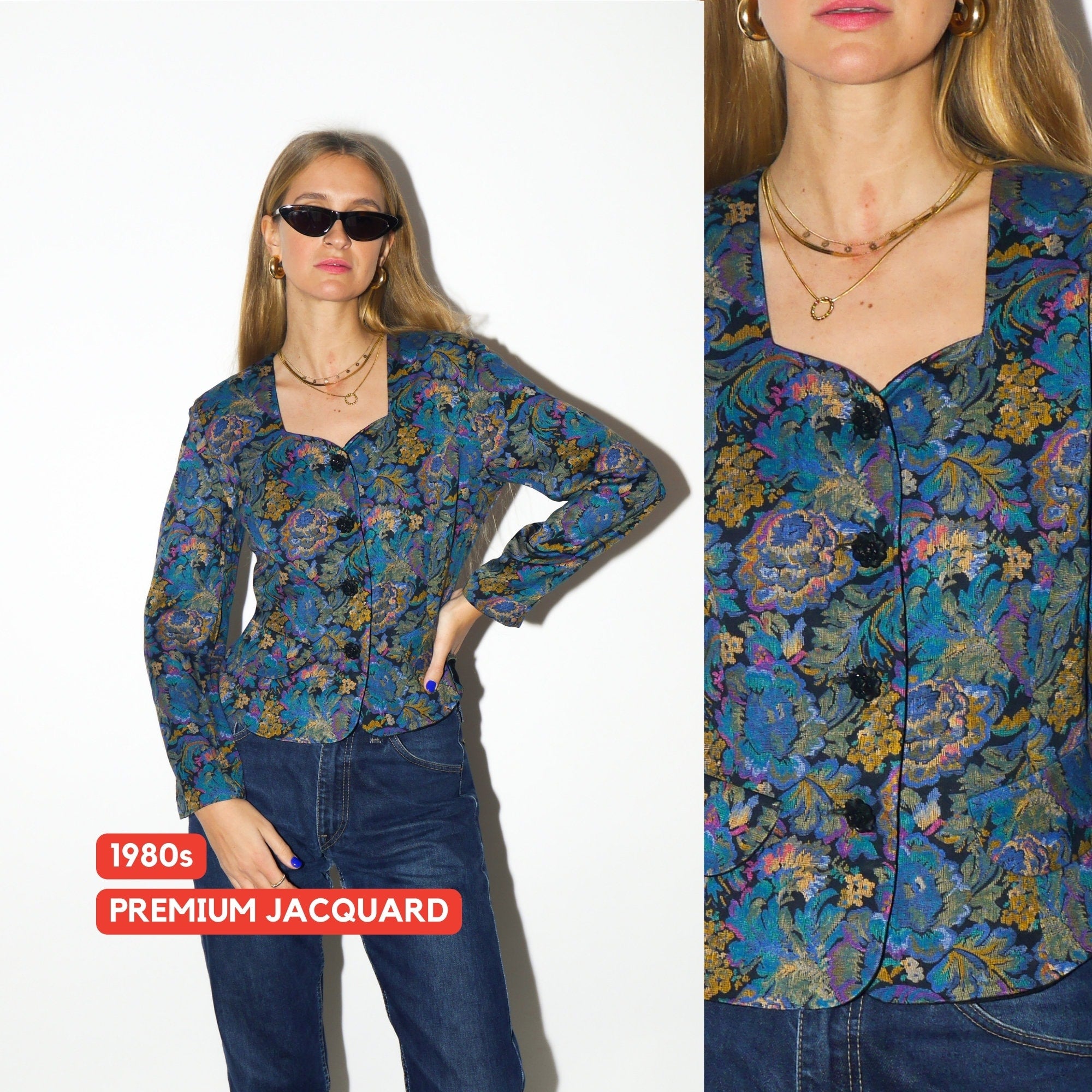 VINTAGE shirt 1980s | Topsi jacquard heart shaped neck blouse | vintage blue and yellow floral top | premium vintage blouse