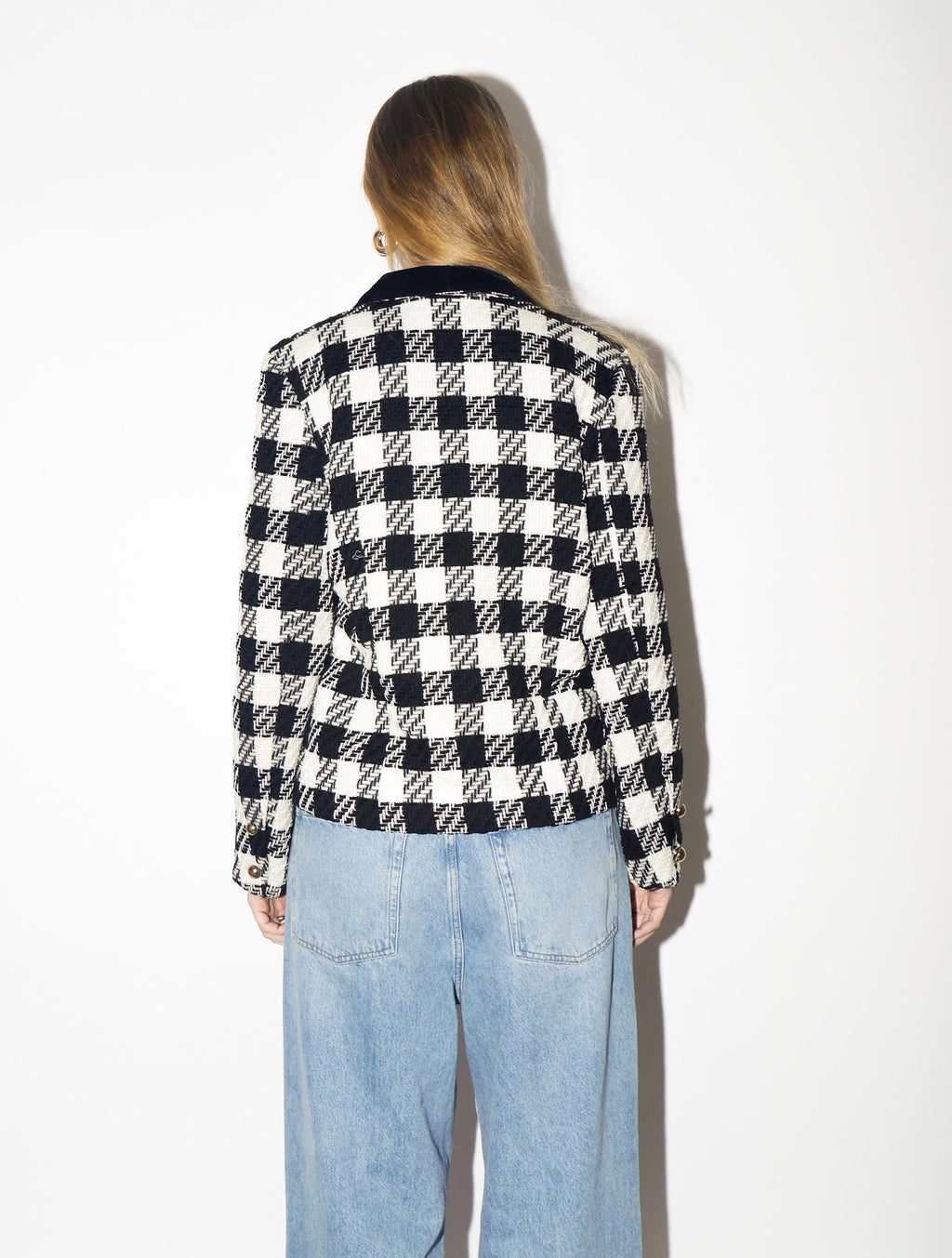 VINTAGE Houndstooth Blazer from 1980s with Black Velvet Collar with Viscose