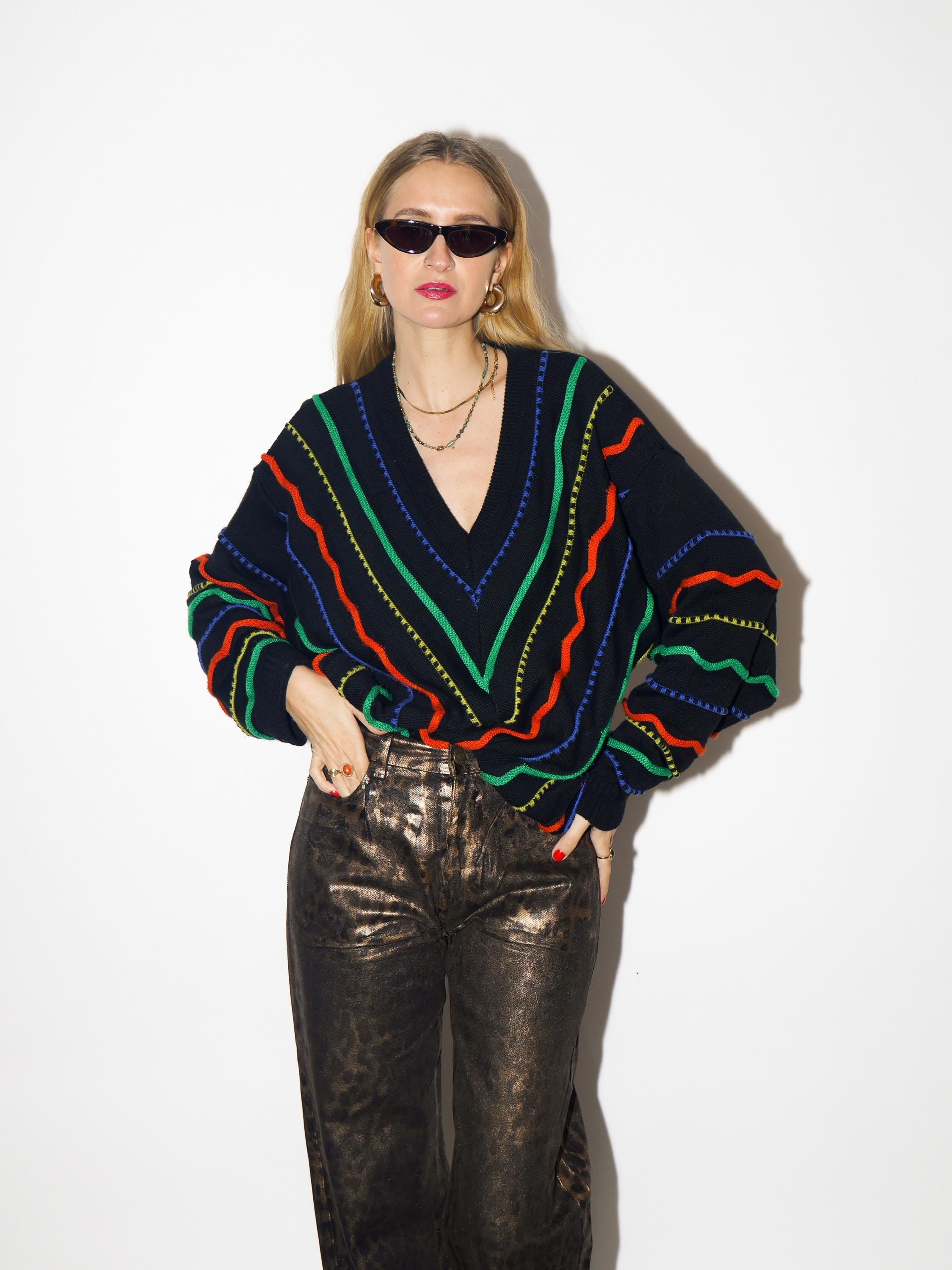 VINTAGE sweater, oversized black pullover with merino wool and cotton from 1980s