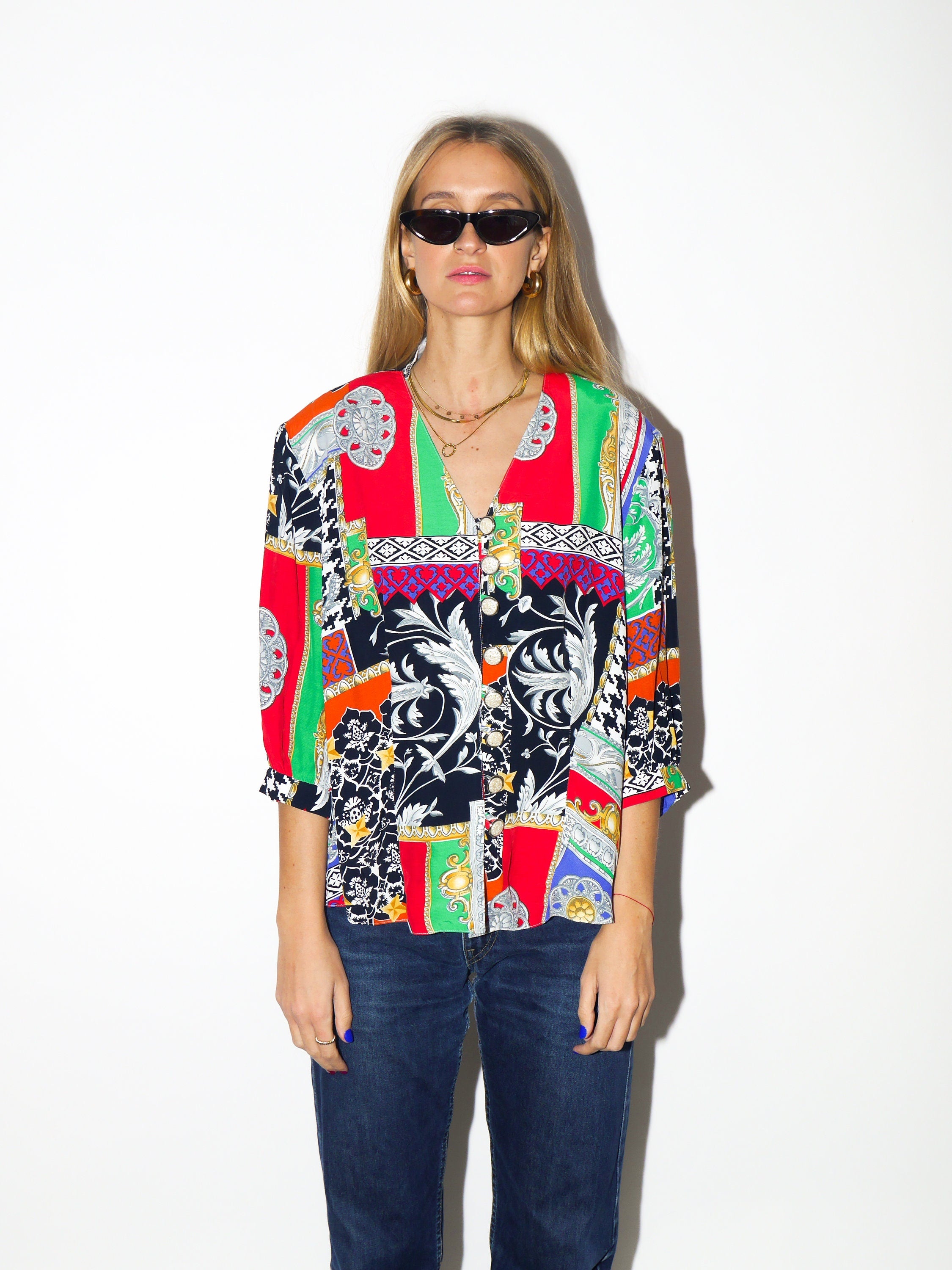 VINTAGE 100% Viscose shirt 1980s | Creation Harmante Viscose 3/4 sleeve blouse | v-neck shirt | colorful vintage shirt | shoulder pads