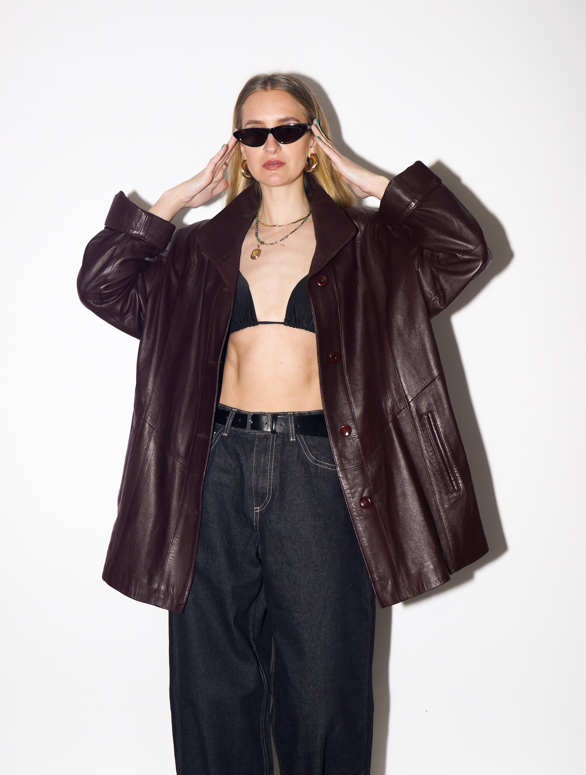 VINTAGE Burgundy Leather Jacket from 1990s | Dark Red Oversize Leather Jacket