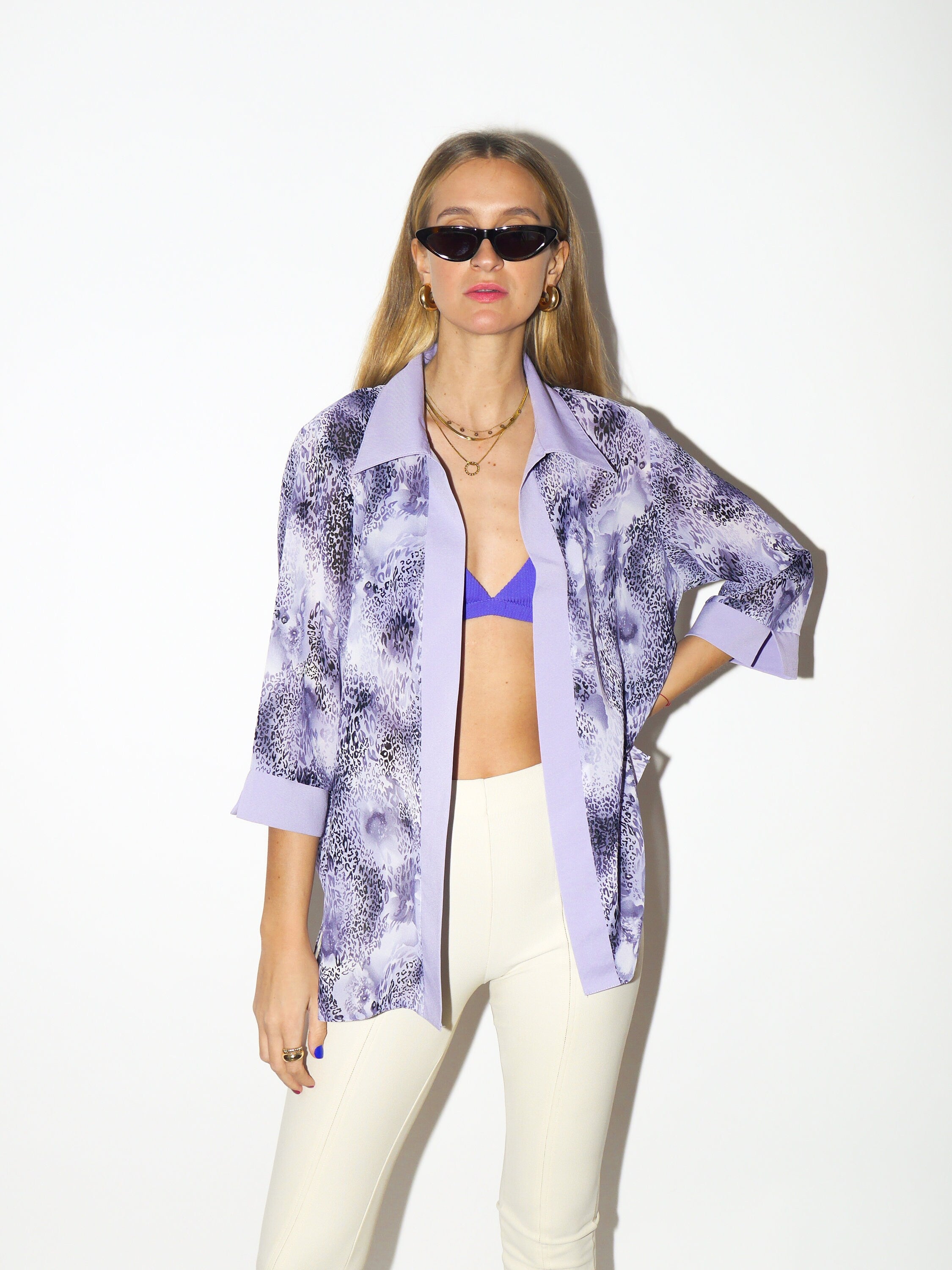 VINTAGE Viscose shirt 1980s | vintage shirt | vintage blouse | purple vintage shirt | women's shirt | animal print | premium vintage