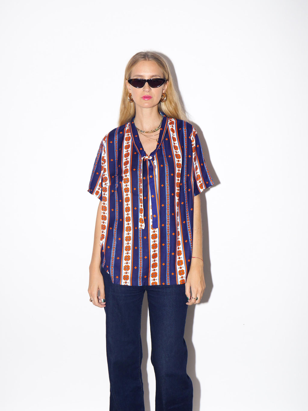 1970s Striped Blouse - Vintage Navy/Orange/White Vertical Striped Handmade Shirt with Folk Print and Front Bow, Retro Short Sleeve Blouse