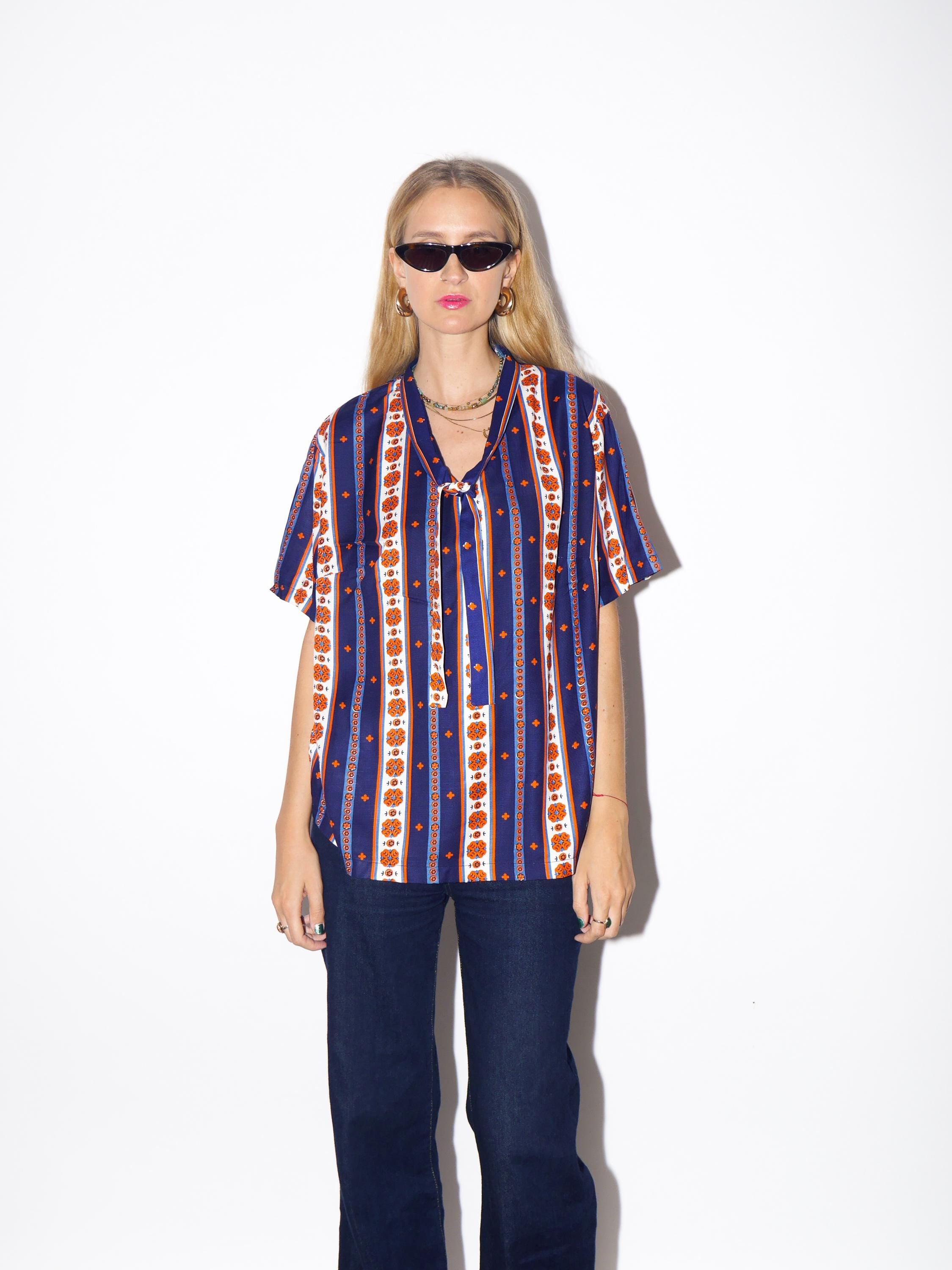 1970s Striped Blouse - Vintage Navy/Orange/White Vertical Striped Handmade Shirt with Folk Print and Front Bow, Retro Short Sleeve Blouse