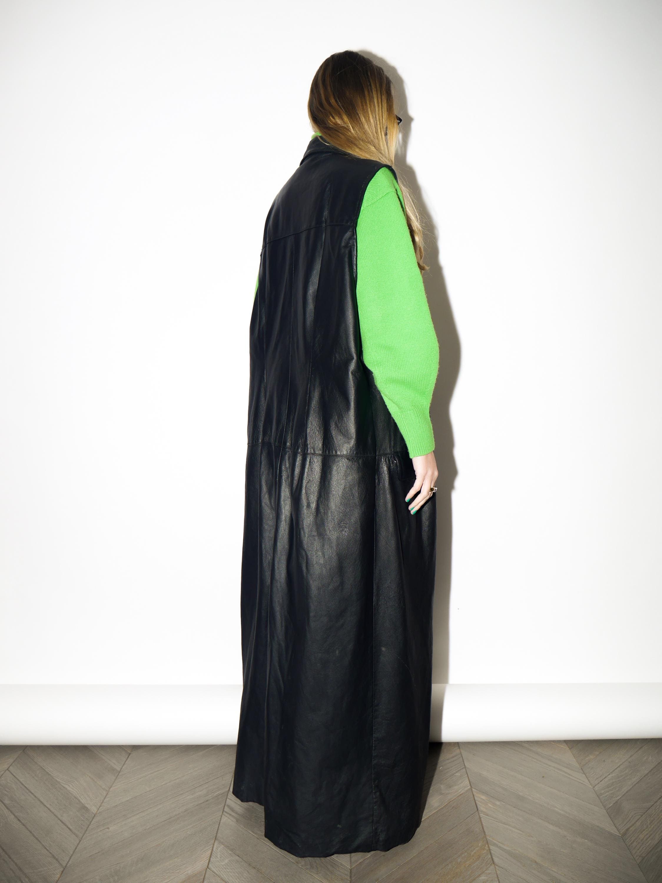 VINTAGE Black Maxi Leather Vest from 1980s | Matrix Style Long Leather Waistcoat