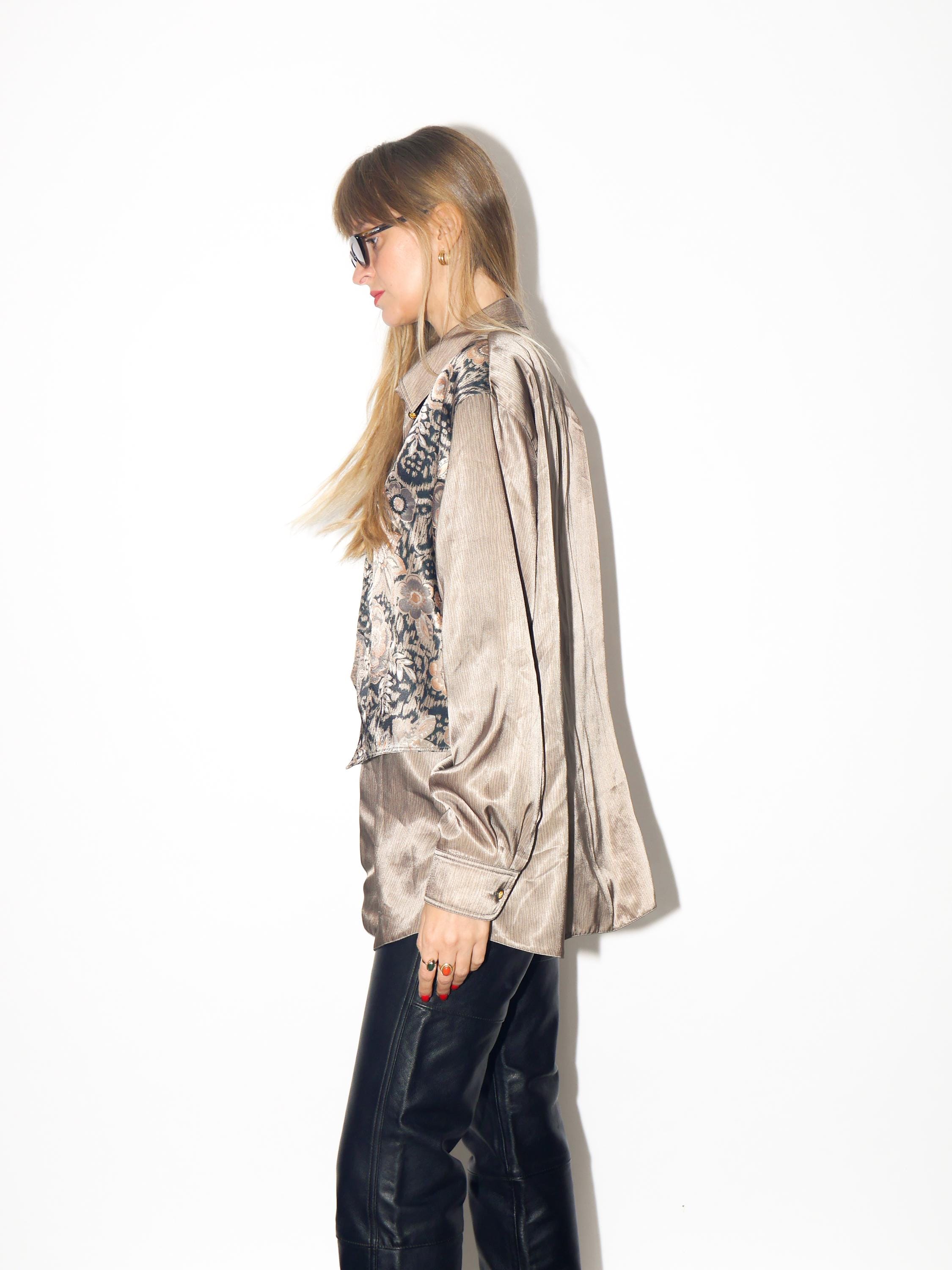VINTAGE Khaki Gold Floral Animal Print Long Sleeve Blouse From The 1980s By Erfv