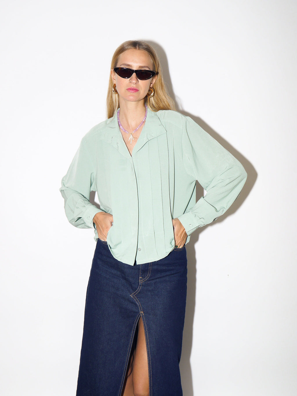 VINTAGE pastel green womens blouse with a stand-up collar and pleats at the front from 1980s | retro style