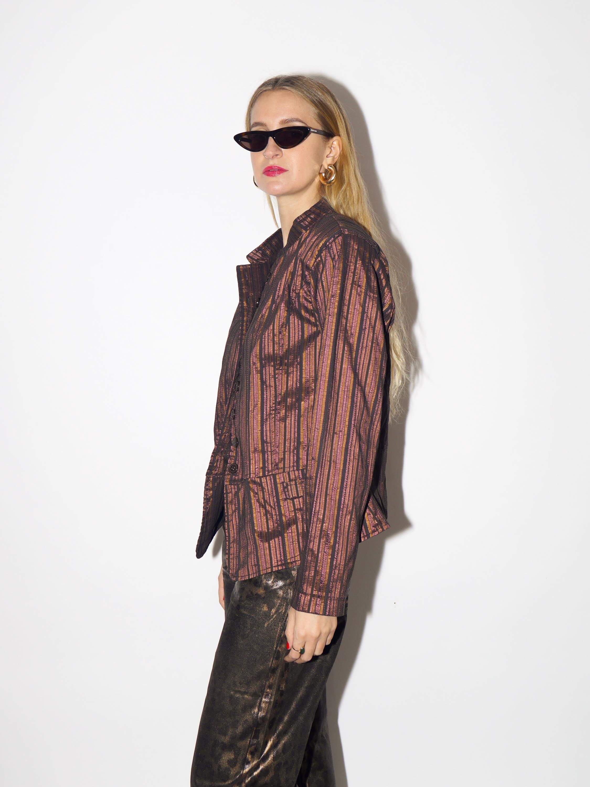 VINTAGE blazer in shiny striped brown cotton fabric from 1980s by JOY®