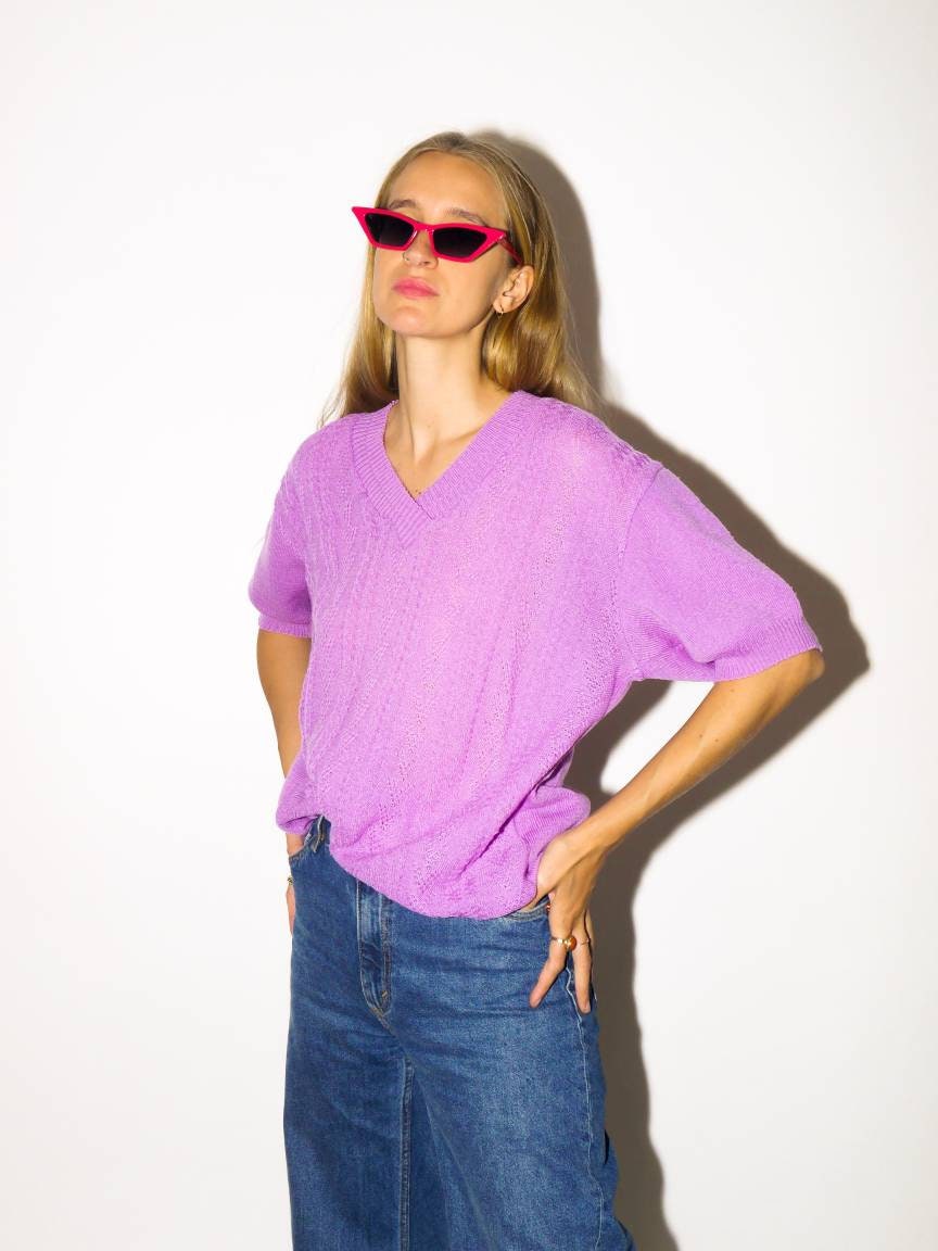 VINTAGE sweater from 1980s with short sleeves | retro lilac, purple sweater | v-neck knitted blouse | oversize | modopol