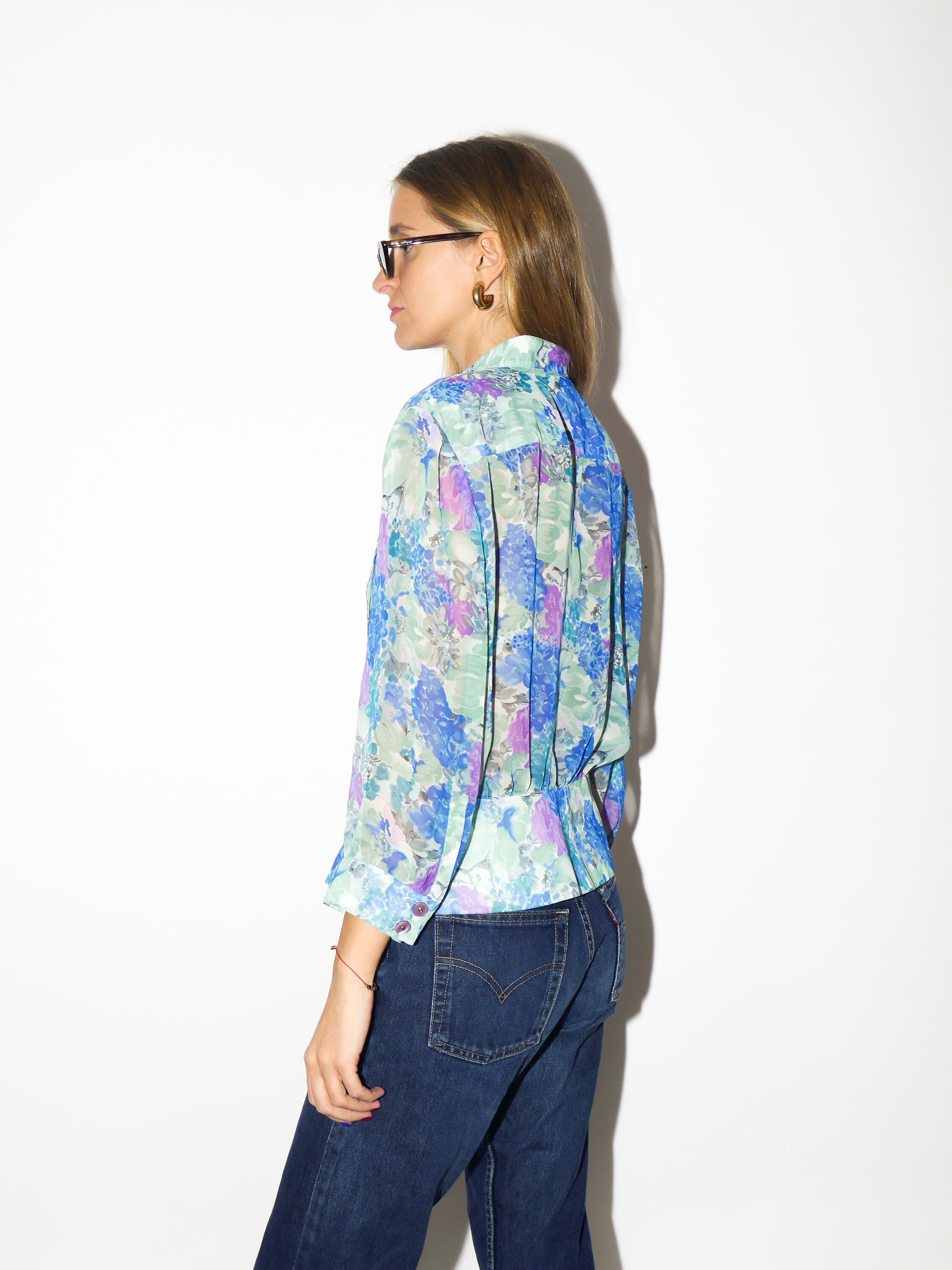 VINTAGE shirt 1980s | vintage peplum shirt | blue purple and green floral pattern shirt | semi sheer shirt | shirt with peplum | oversize