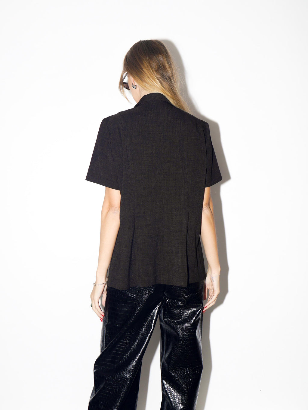 VINTAGE Chocolate Brown Checked Short Sleeve Blouse From The 1980s By Danny And Nicole