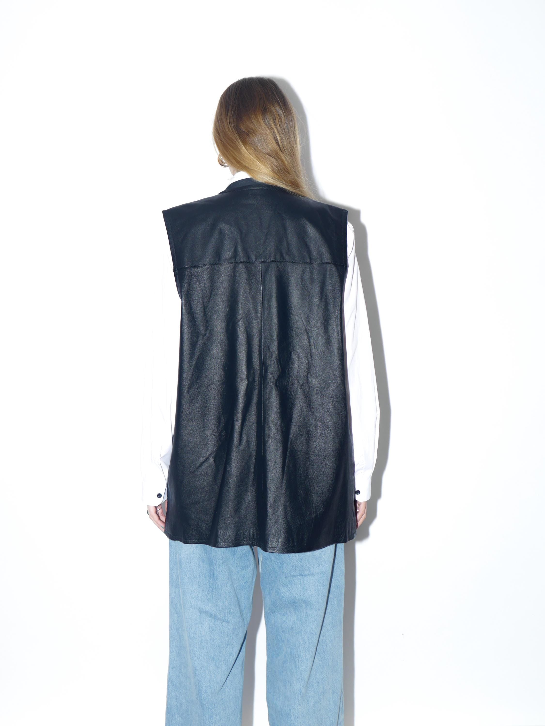 VINTAGE black leather vest from the 1990s | oversize black leather waistcoat
