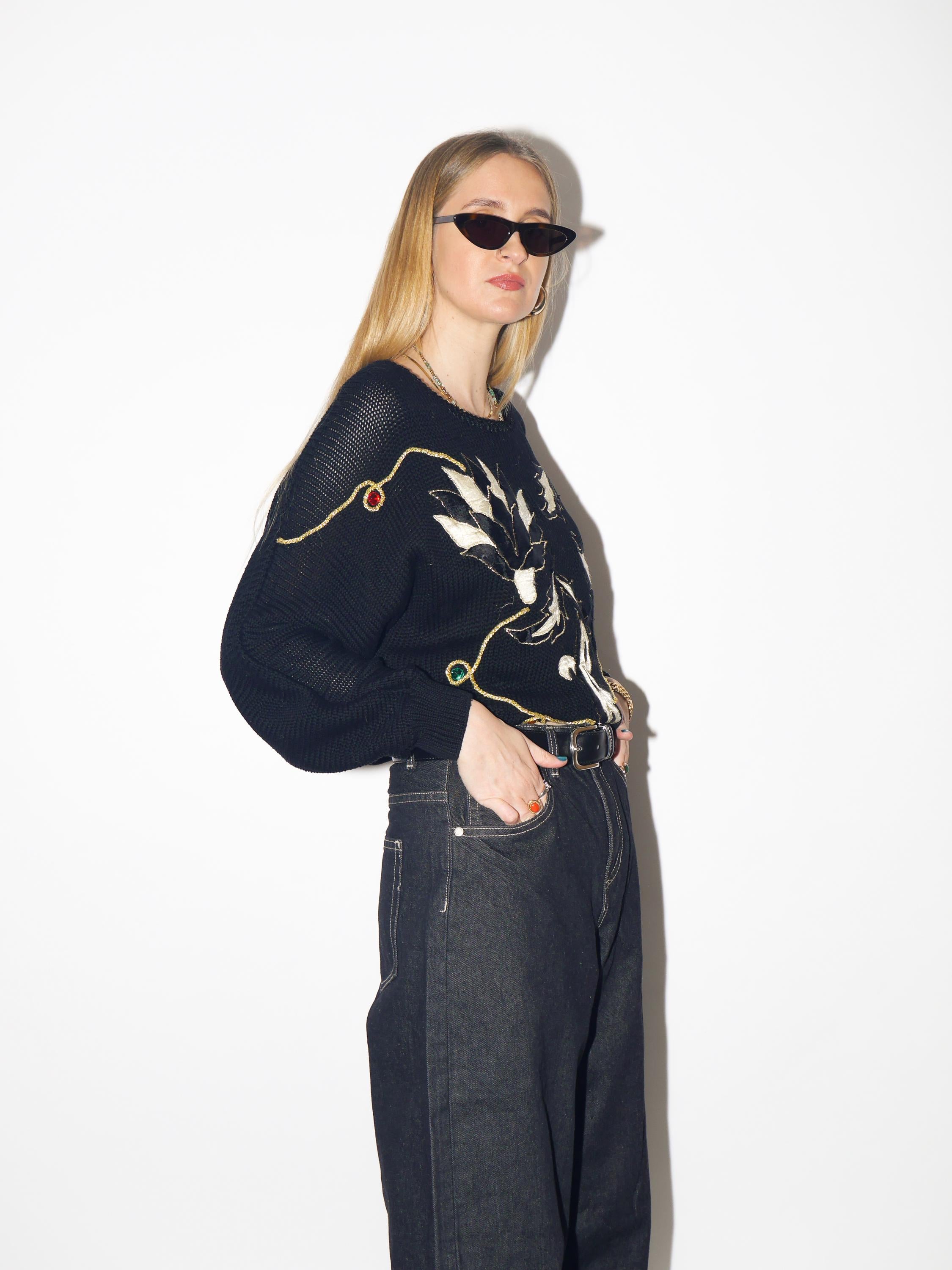 VINTAGE black oversize cotton sweater from 1980s with gold embroidery