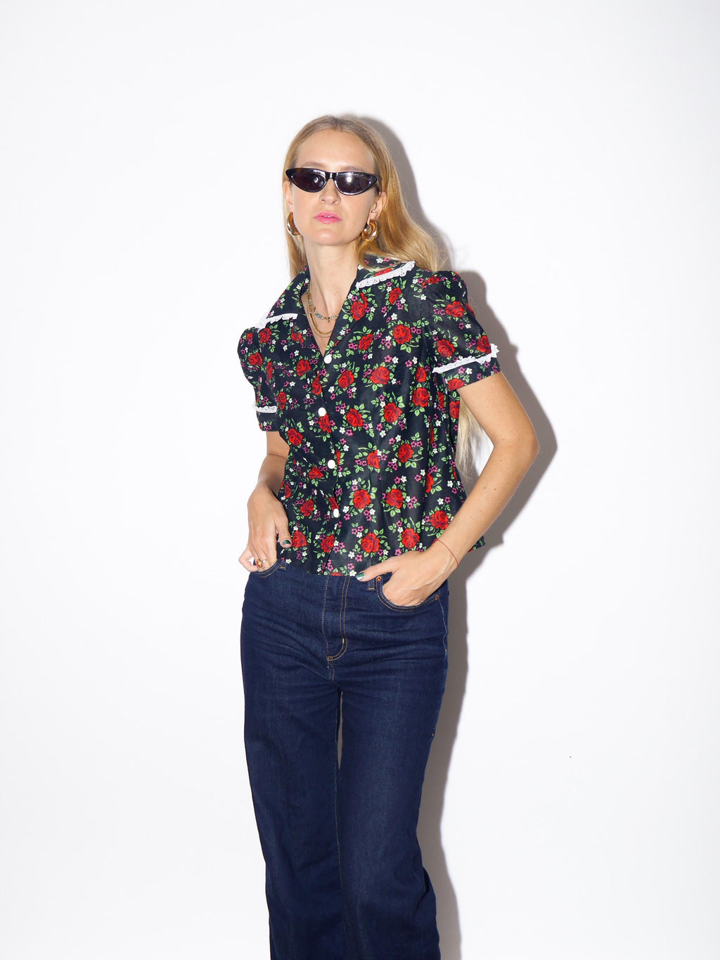 1980s Black Handmade Shirt - Vintage Rose Pattern Shirt with White Lace and Buffet Sleeves, Retro Fashion Clothing for Women