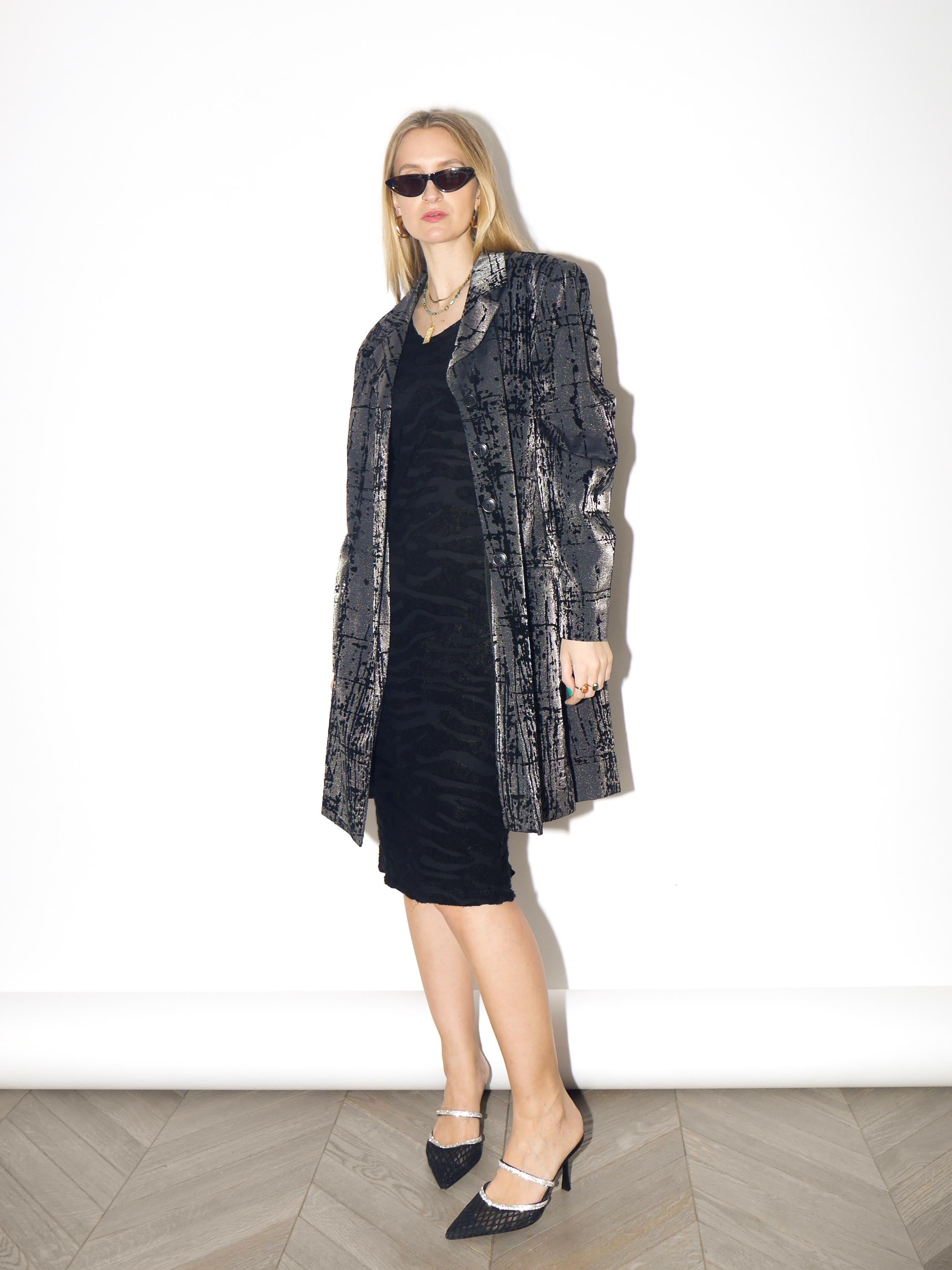 VINTAGE long silver viscose blazer from 1980s with metallic and velvet by Kello®