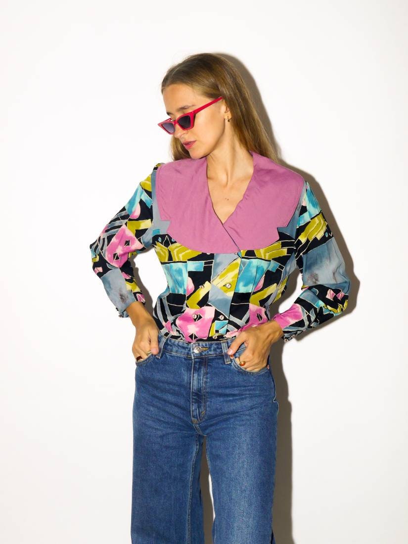 VINTAGE viscose blouse from 1980s | retro black, purple, green, blue abstract print double-breasted buttoned blouse by Kulbach®