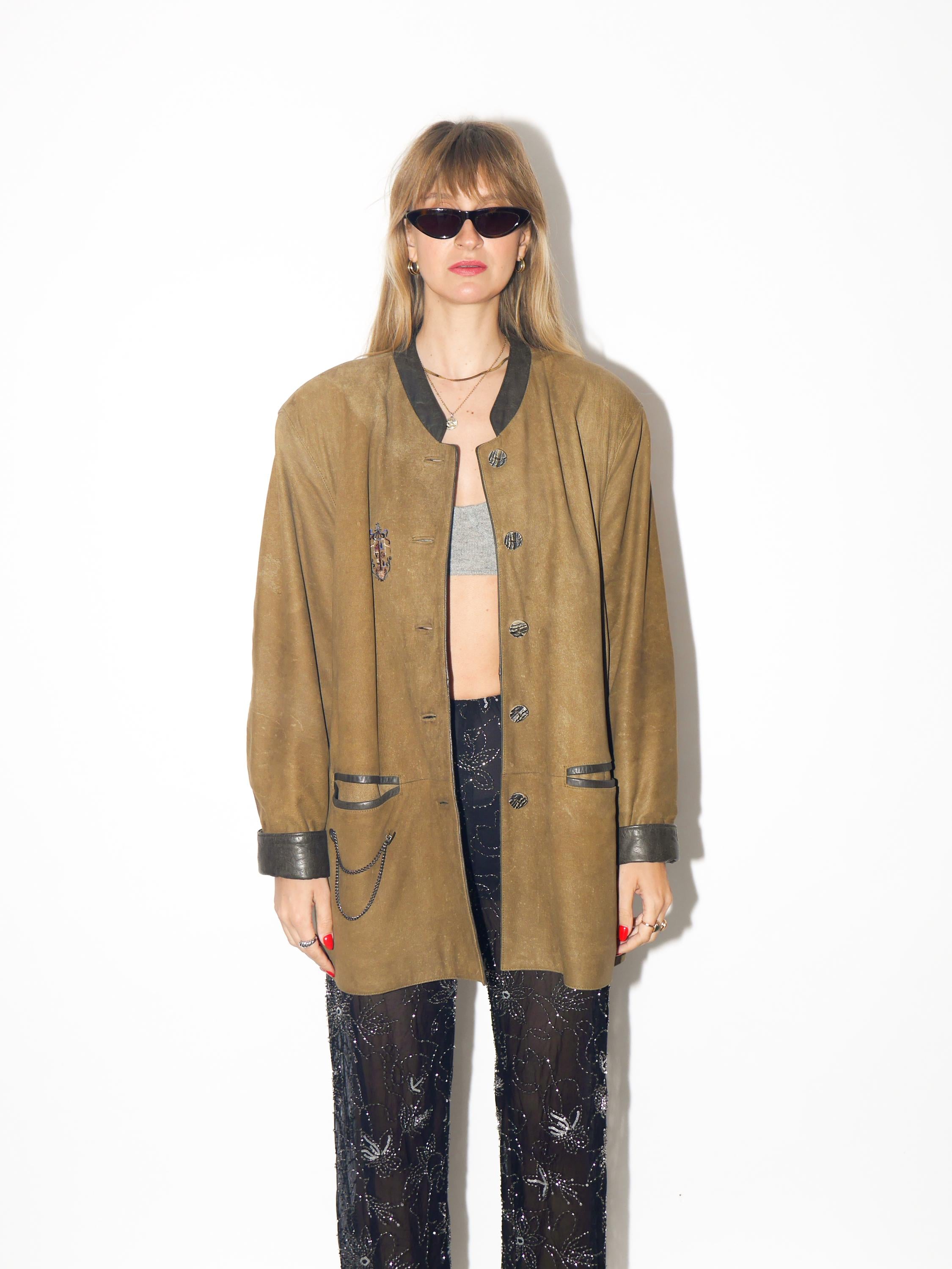 VINTAGE Khaki Brown Matte Leather Jacket With Embroidery From The 1980s by Leather Sound