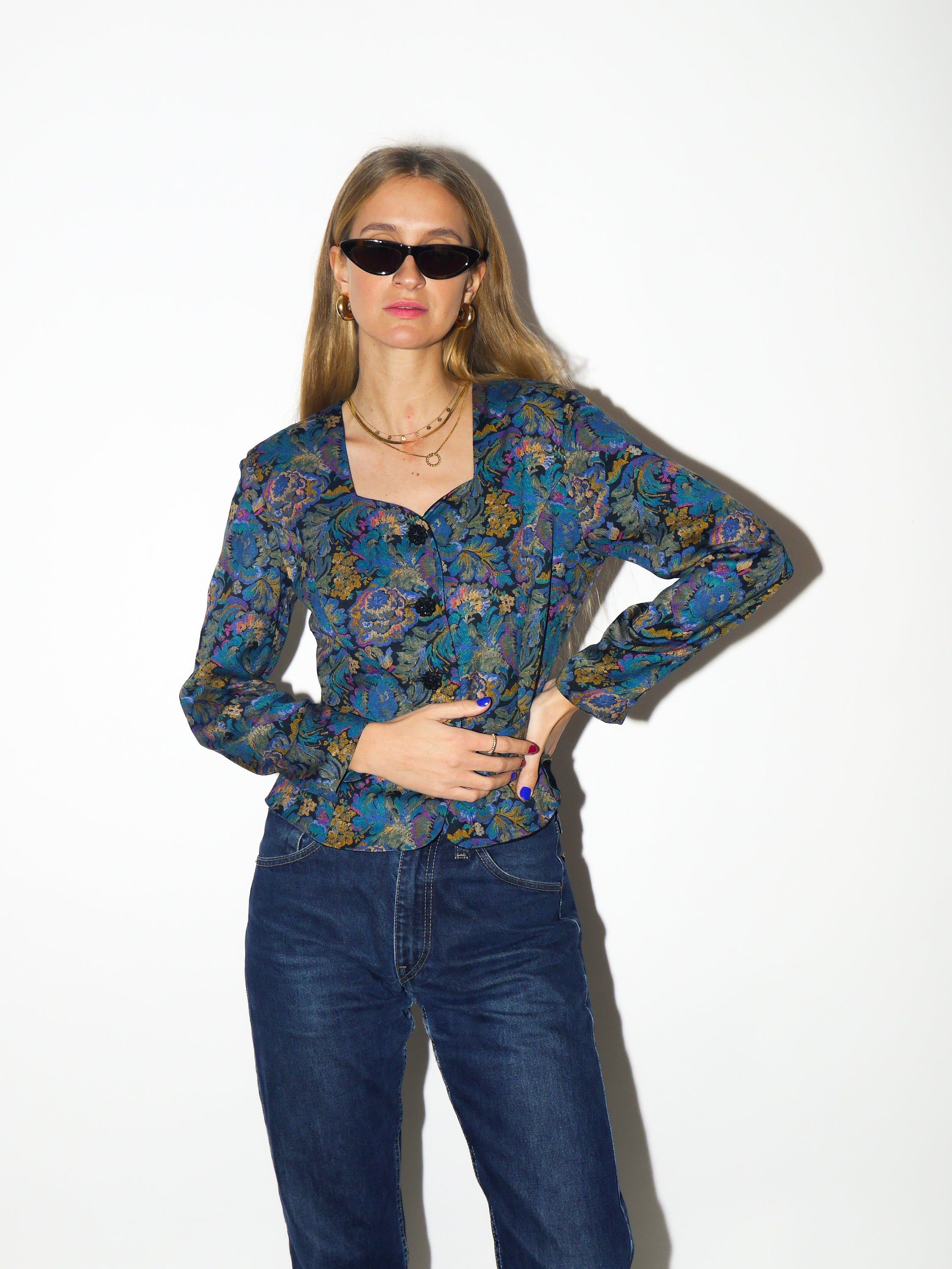 VINTAGE shirt 1980s | Topsi jacquard heart shaped neck blouse | vintage blue and yellow floral top | premium vintage blouse
