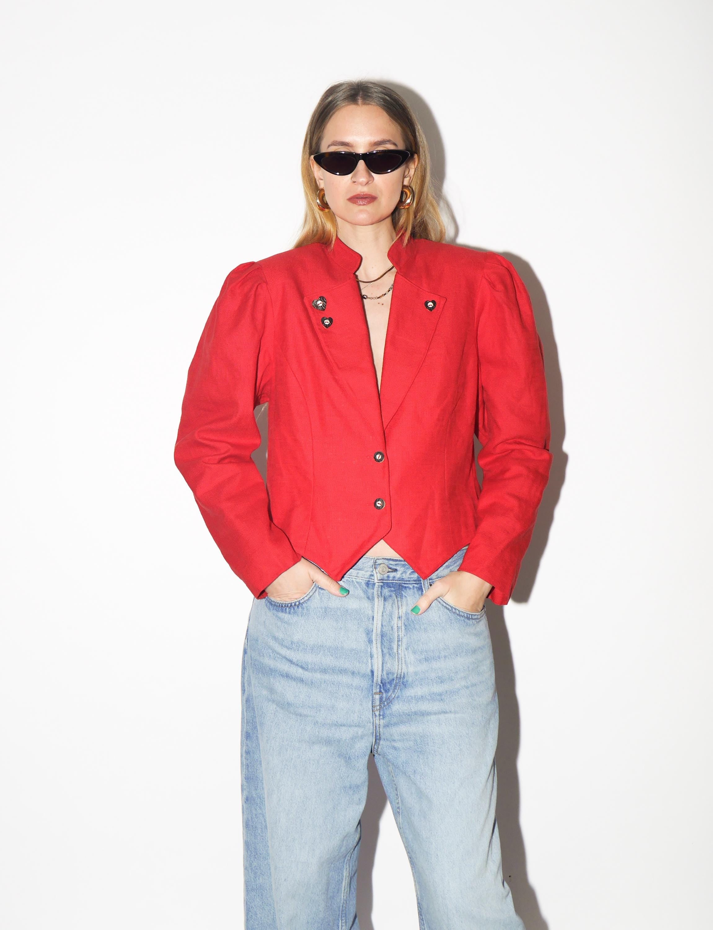 VINTAGE Red Folk Blazer from 1990s made of Cotton & Linen | Original Folk Blazer