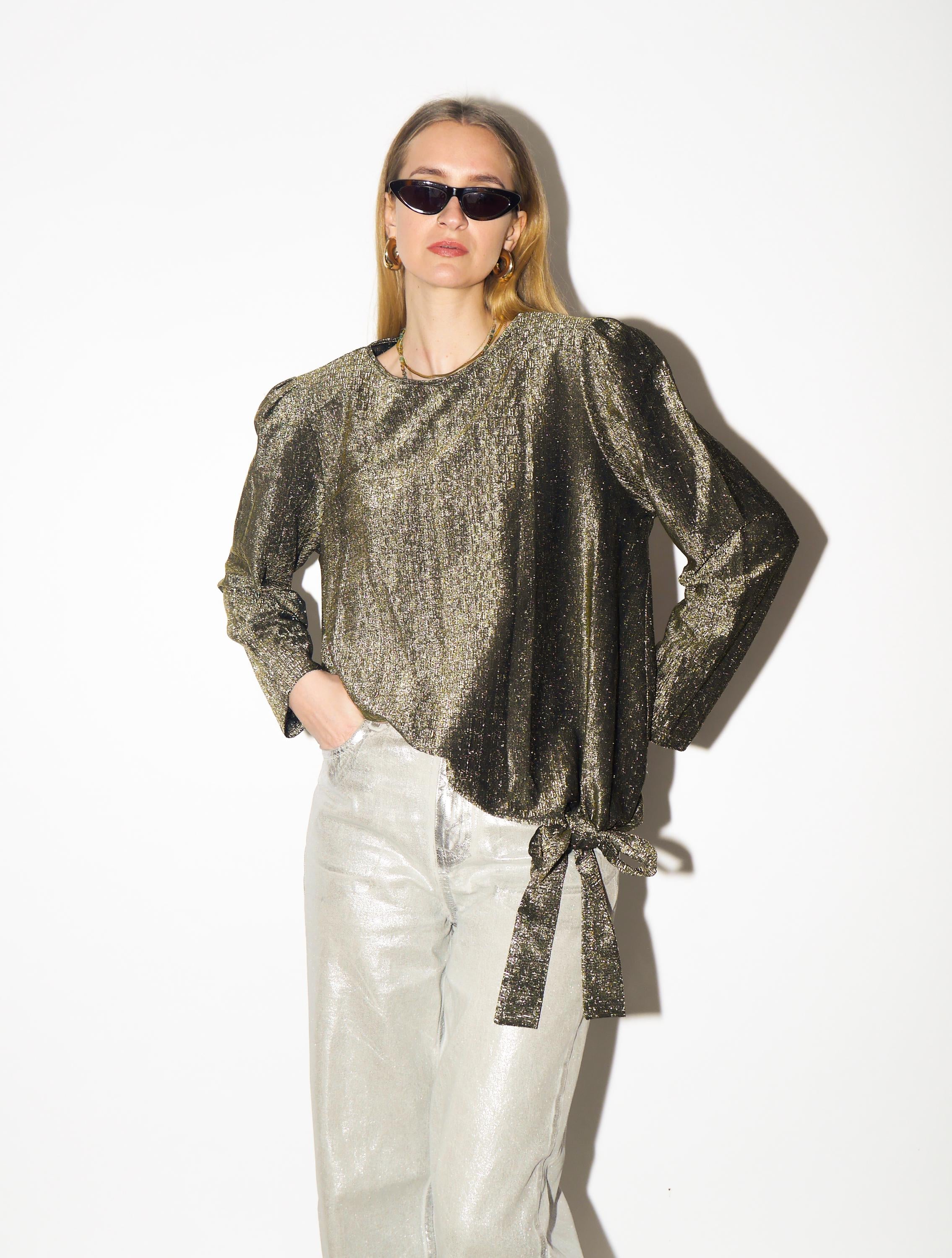 VINTAGE Gold Metallic Blouse from 1980s | Bow Detail & Big Shoulder Pads Blouse