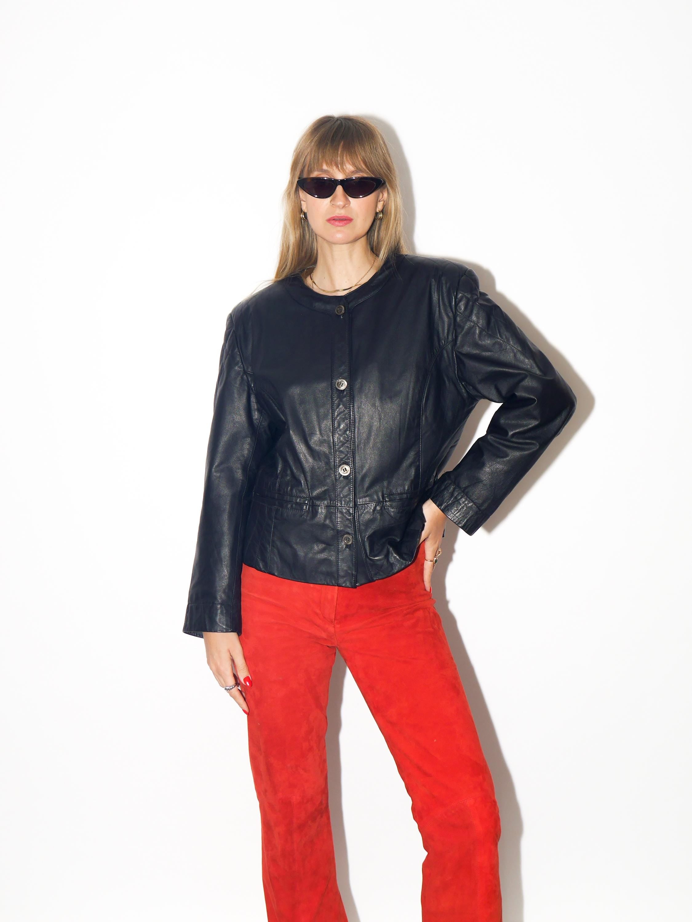 VINTAGE Black Cropped Leather Jacket With Shoulder Pads From The 1980s