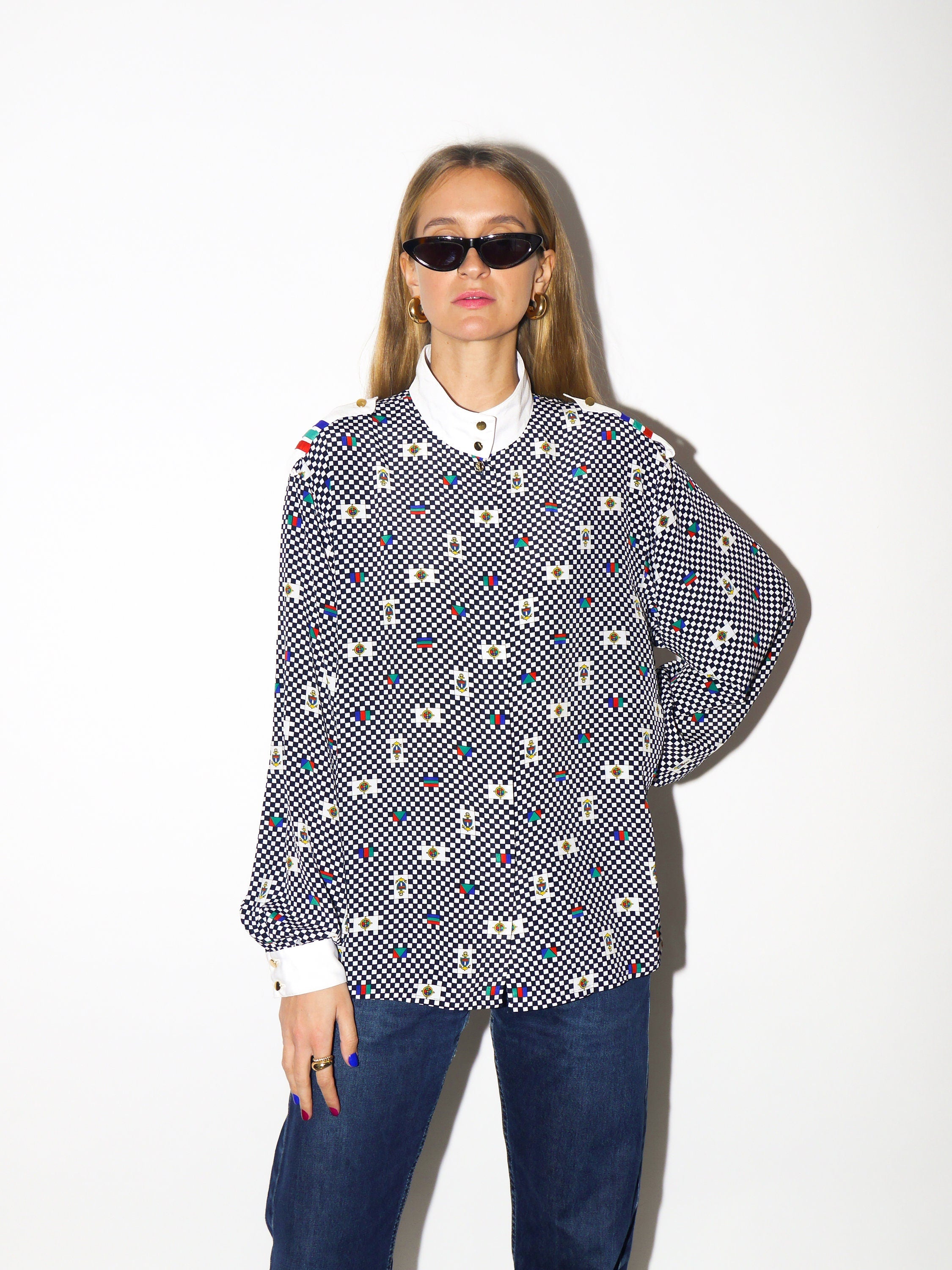 VINTAGE shirt 1980s | Yarell marine shirt | chequered shirt | soft fabric | stand-up collar shirt | white and black checkered pattern