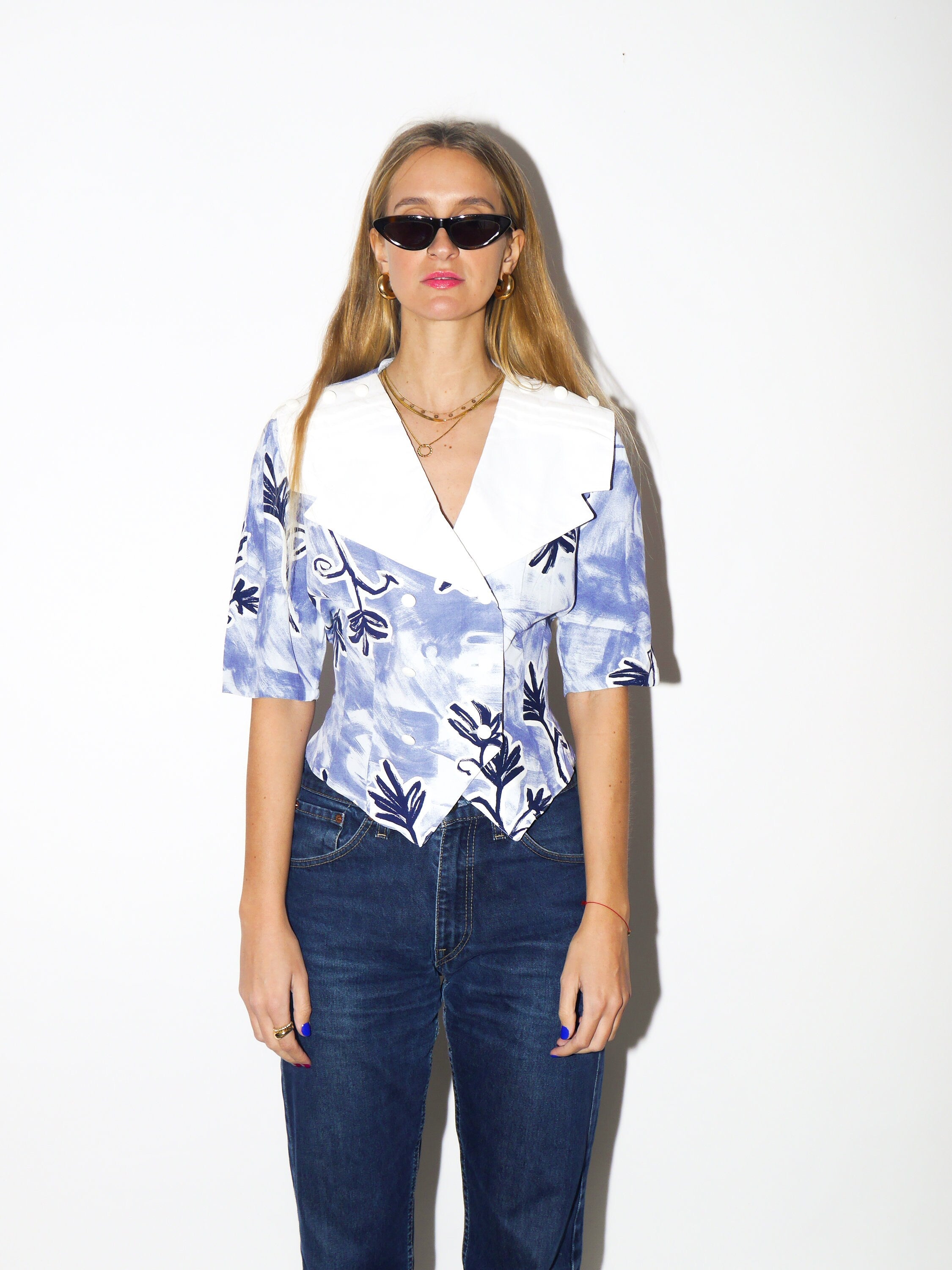 VINTAGE 100% Viscose double breasted blouse 1980s | blue and white abstract pattern women's blouse | big collar vintage shirt