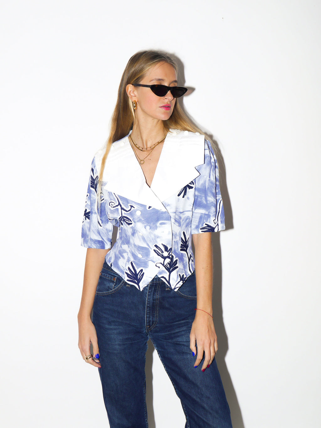 VINTAGE 100% Viscose double breasted blouse 1980s | blue and white abstract pattern women's blouse | big collar vintage shirt