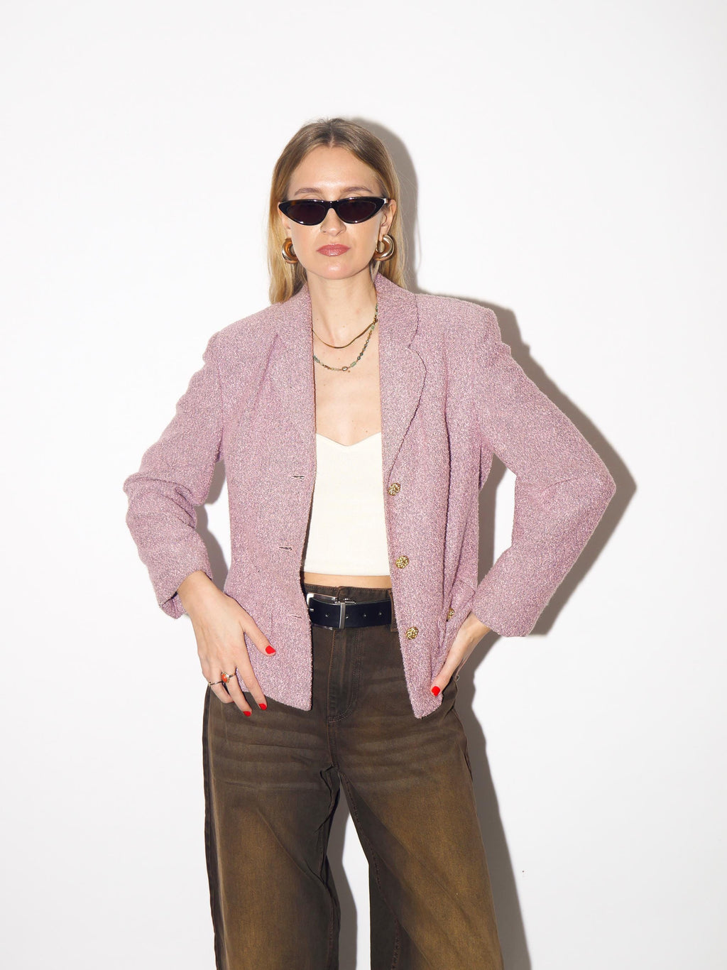 VINTAGE boucle blazer in old rose, pink with shoulder pads from 1980s