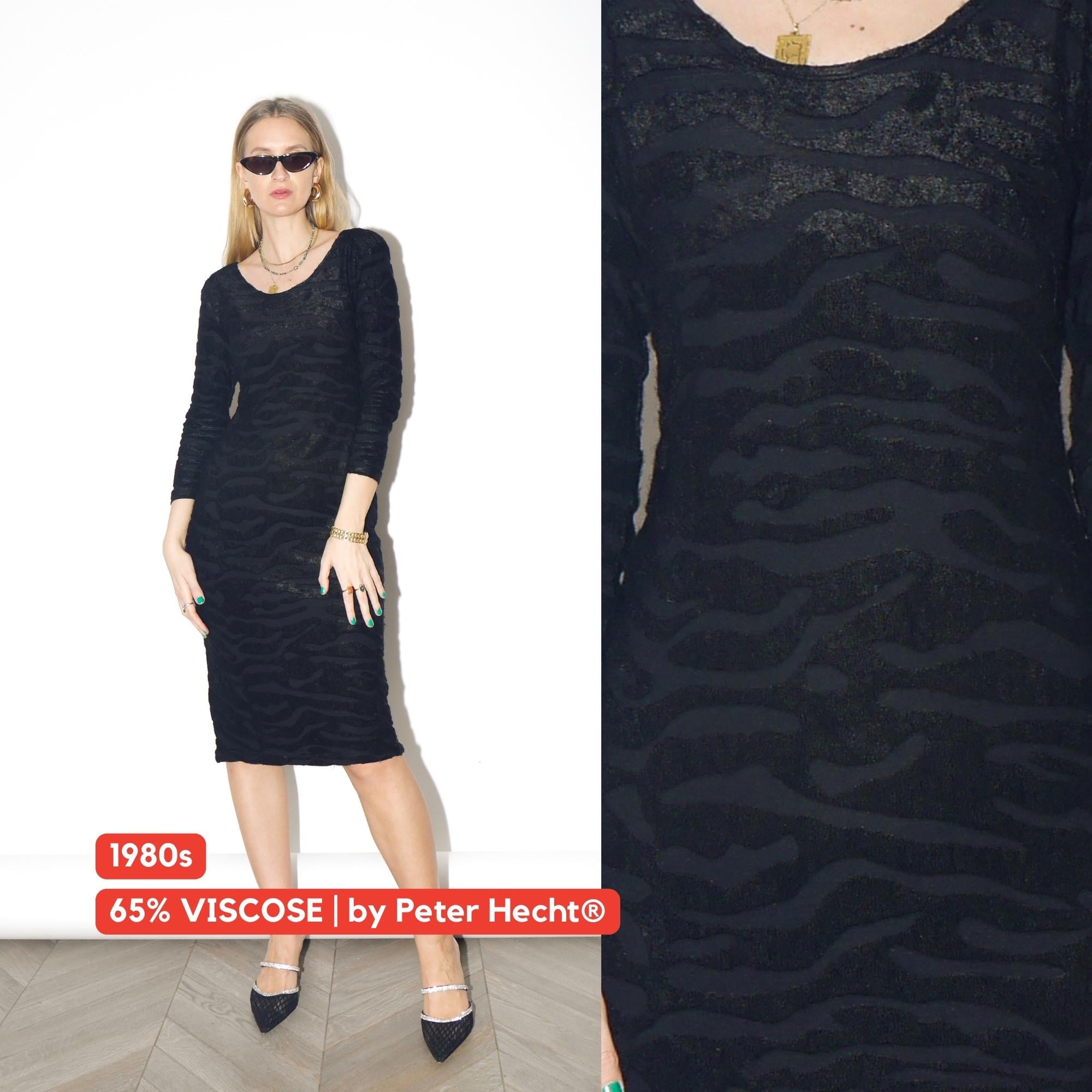 VINTAGE black viscose midi dress from 1980s in animal print with long sleeve