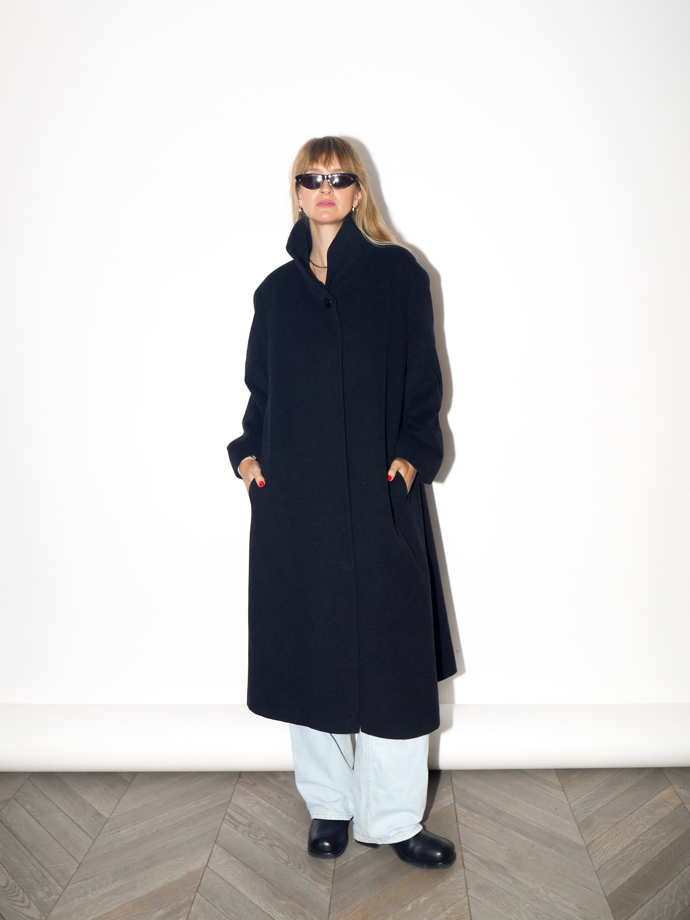 VINTAGE Black Wool And Angora Maxi Coat With Stand Collar From The 1980s By Marco Brunetti